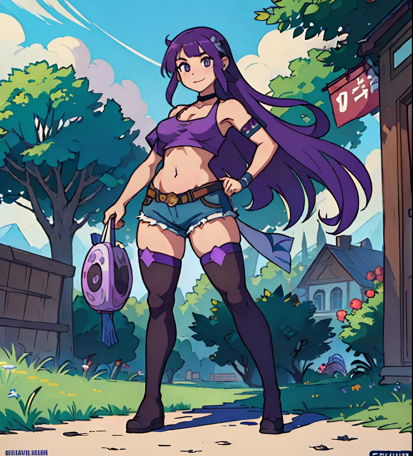 Anime, Masterpiece, Best Quality, High Resolution, Full Body In Frame, 1girl, Solo, Cute, Sexy, Seductive, Purple Hair, Purple Eyes, Seductive Smile, Embarrassed Look, Smirk, Choker, Revealing, Crop Top, Shoulder Visible, Large Boobs, Slim Figure, Bloated Belly, Abs, Bulging Belly, Slim Waist, Thin Waist, Thongs, Shorts, Thighs, Thighhighs, Dynamic Pose, Background Garden, colorful, vivid color, digital painting, artstation, concept art, art by artgerm and greg rutkowski and alphonse mucha and ruan jia