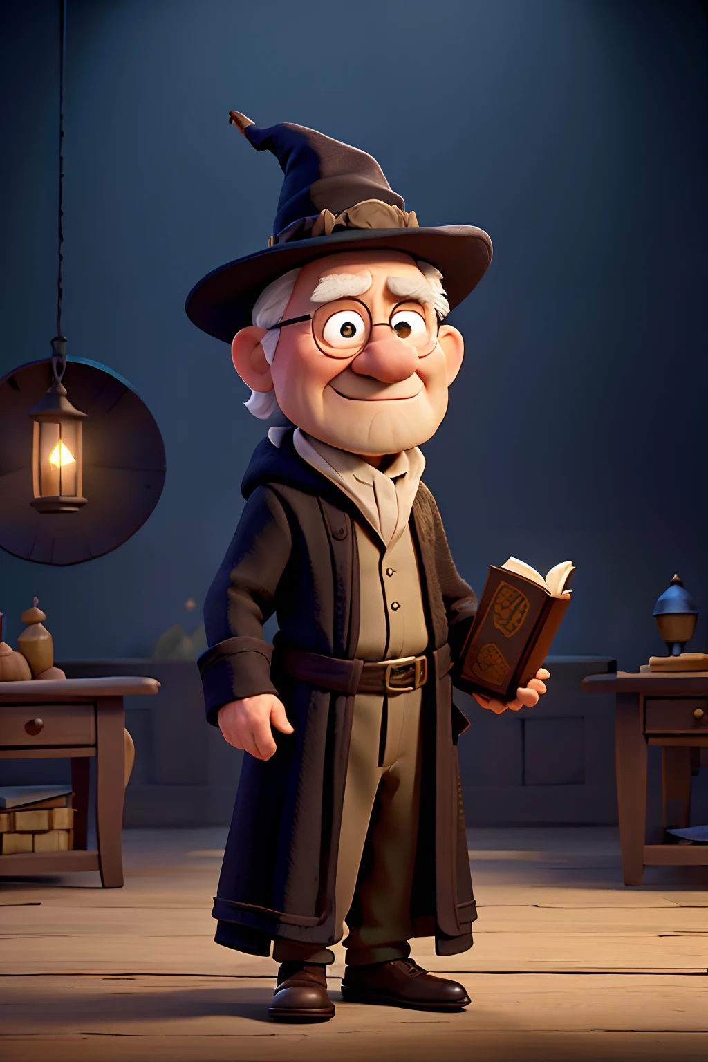 A man who is a mysterious old wizard, wearing an ornamental black robe and pointy hat, standing behind a table, holding an open book, background is a single mountain in distance, mood is diplomatic, regulated, temperate, daytime light, character design.