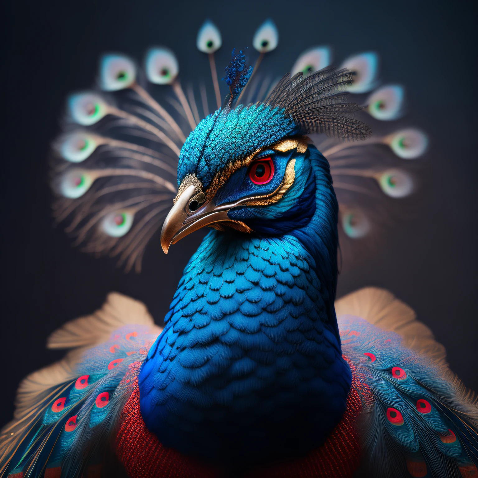 peacock with red eyes, metallic armor, destroyed background, ultra quality, cinematic focus , upper half peacock, lower half human
