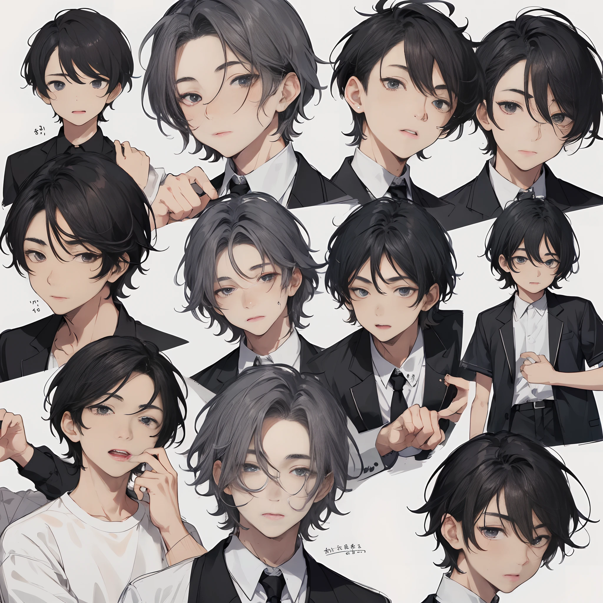 Male ,Face Overview,a 15 yeHairstyles for gray hair、white shirt,(appearance々Facial expressions),Multiple Poses and Expression,,Black strokes,various emotions,rough sketch,Setting image、in 8K