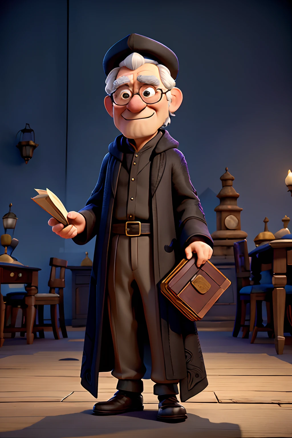 A man who is a mysterious old wizard, wearing an ornamental black robe and pointy hat, standing behind a table, holding an open book, background is a single mountain in distance, mood is diplomatic, regulated, temperate, daytime light, character design.