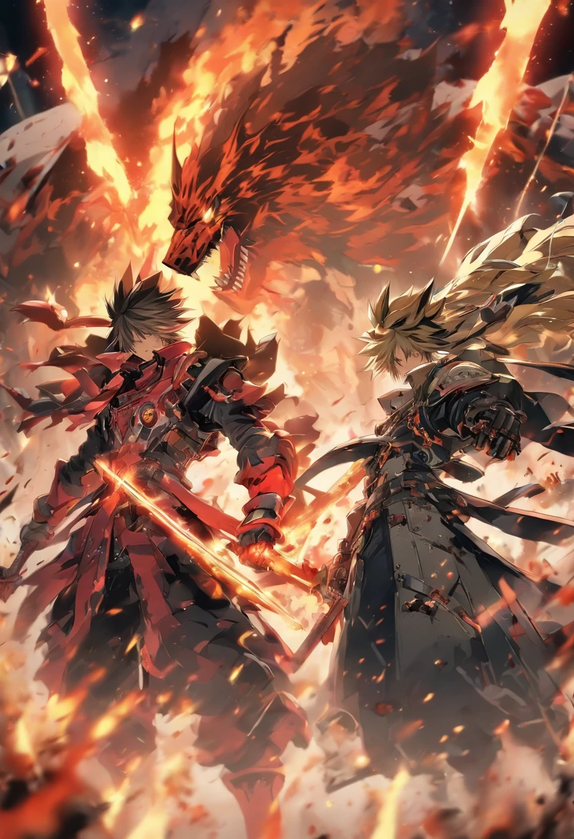 two anime characters fighting in a dark room with flames, from arknights, badass anime 8 k, guilty gear strive splash art, anime fight, arknights, sword fight, anime epic artwork, guilty gear strive graphics, epic anime style, epic 8 k hd anime shot, dual wielding swords, detailed digital anime art, epic battle scene, sword clashing