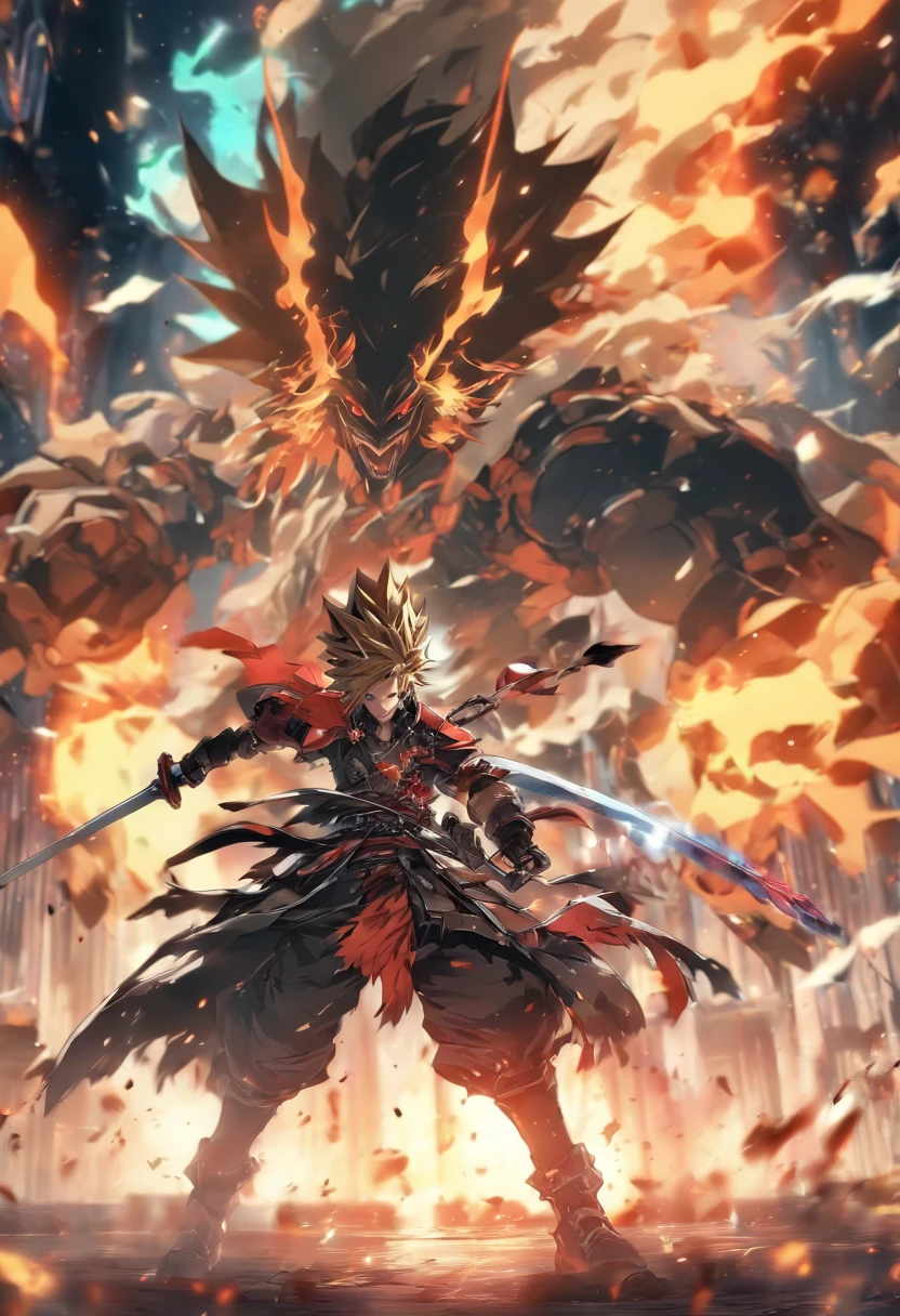 two anime characters fighting in a dark room with flames, from arknights, badass anime 8 k, guilty gear strive splash art, anime fight, arknights, sword fight, anime epic artwork, guilty gear strive graphics, epic anime style, epic 8 k hd anime shot, dual wielding swords, detailed digital anime art, epic battle scene, sword clashing