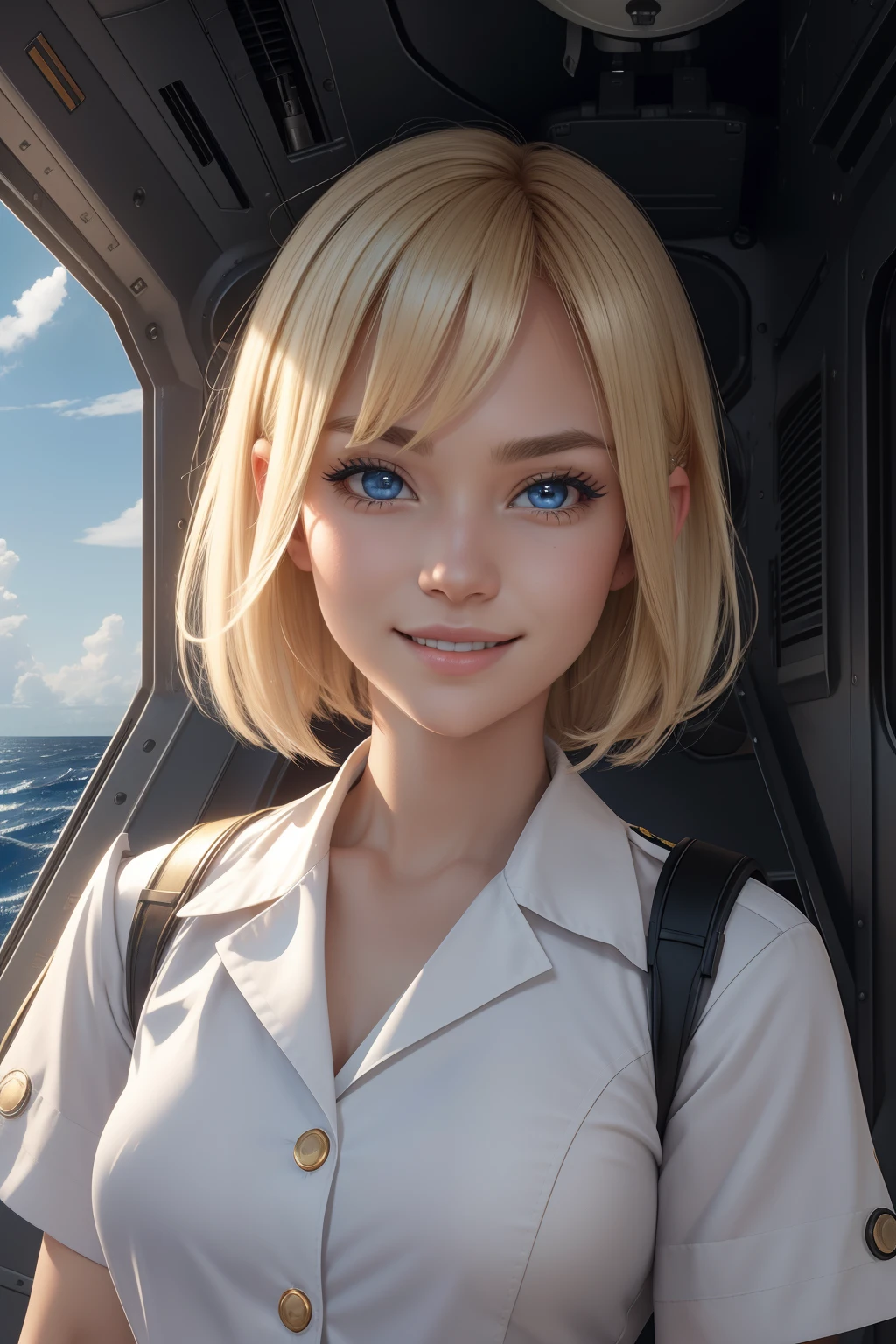 {{masterpiece, best quality, extremely detailed CG, unity 8k wallpaper, cinematic lighting, }}, Sony α7, wide frame, South Pacific, during war with Asian powers, wind blowing on Aegis ship, 1 Girl, Full Body, smile, she is a US Navy sailor, Caucasian, 20 Years Old, Smile, Blonde Hair, Short Bob, blue eyes , long eyelashes ,