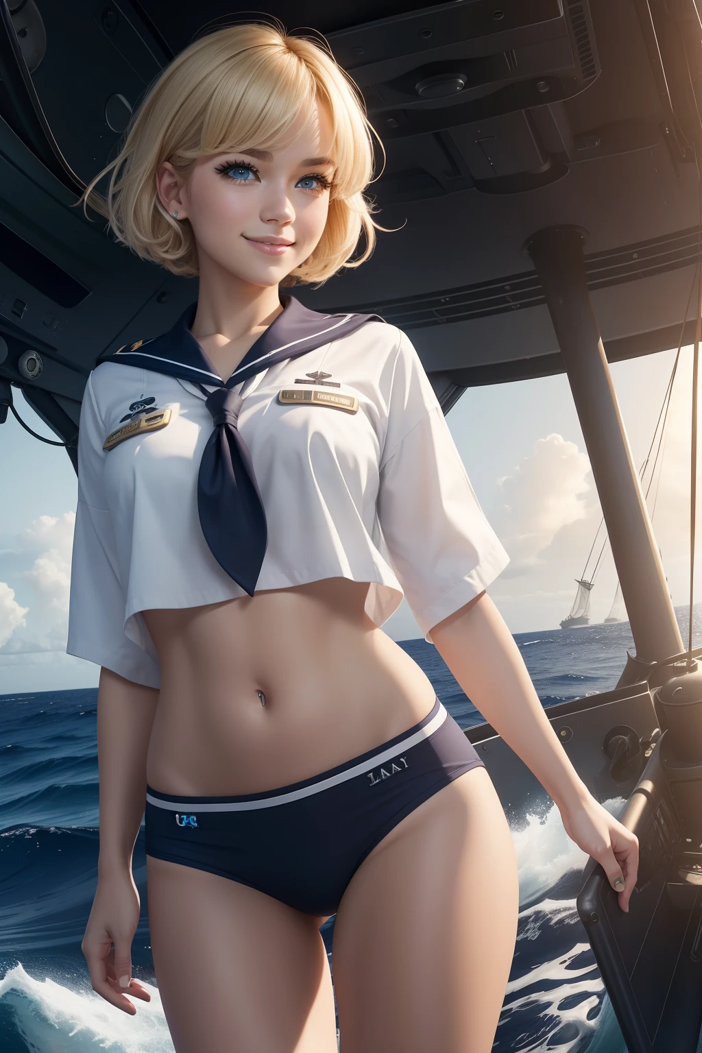 {{masterpiece, best quality, extremely detailed CG, unity 8k wallpaper, cinematic lighting, }}, Sony α7, wide frame, South Pacific, during war with Asian powers, wind blowing on Aegis ship, 1 Girl, Full Body, smile, she is a US Navy sailor, Caucasian, 20 Years Old, Smile, Blonde Hair, Short Bob, blue eyes , long eyelashes ,