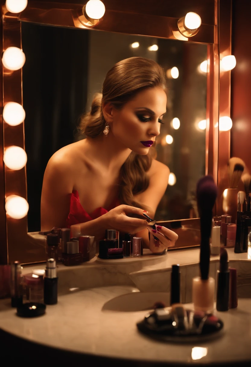 Woman making makeup in modern powder room