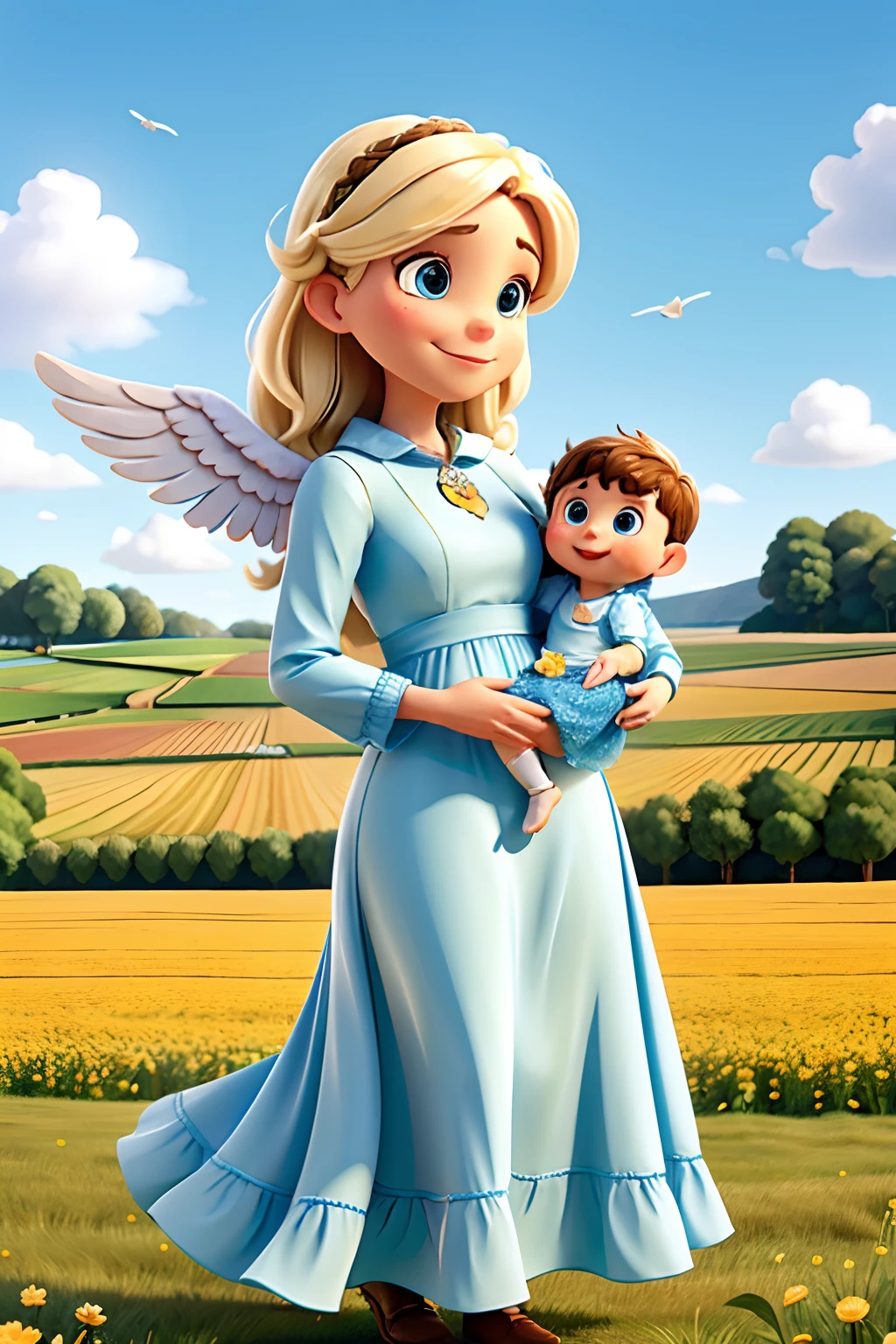 A woman with white angel wings, in a long blue dress, holding a baby, background is a farmer’s field, mood is progressive, appreciative, nurturing, nourishing, daytime light, character design.