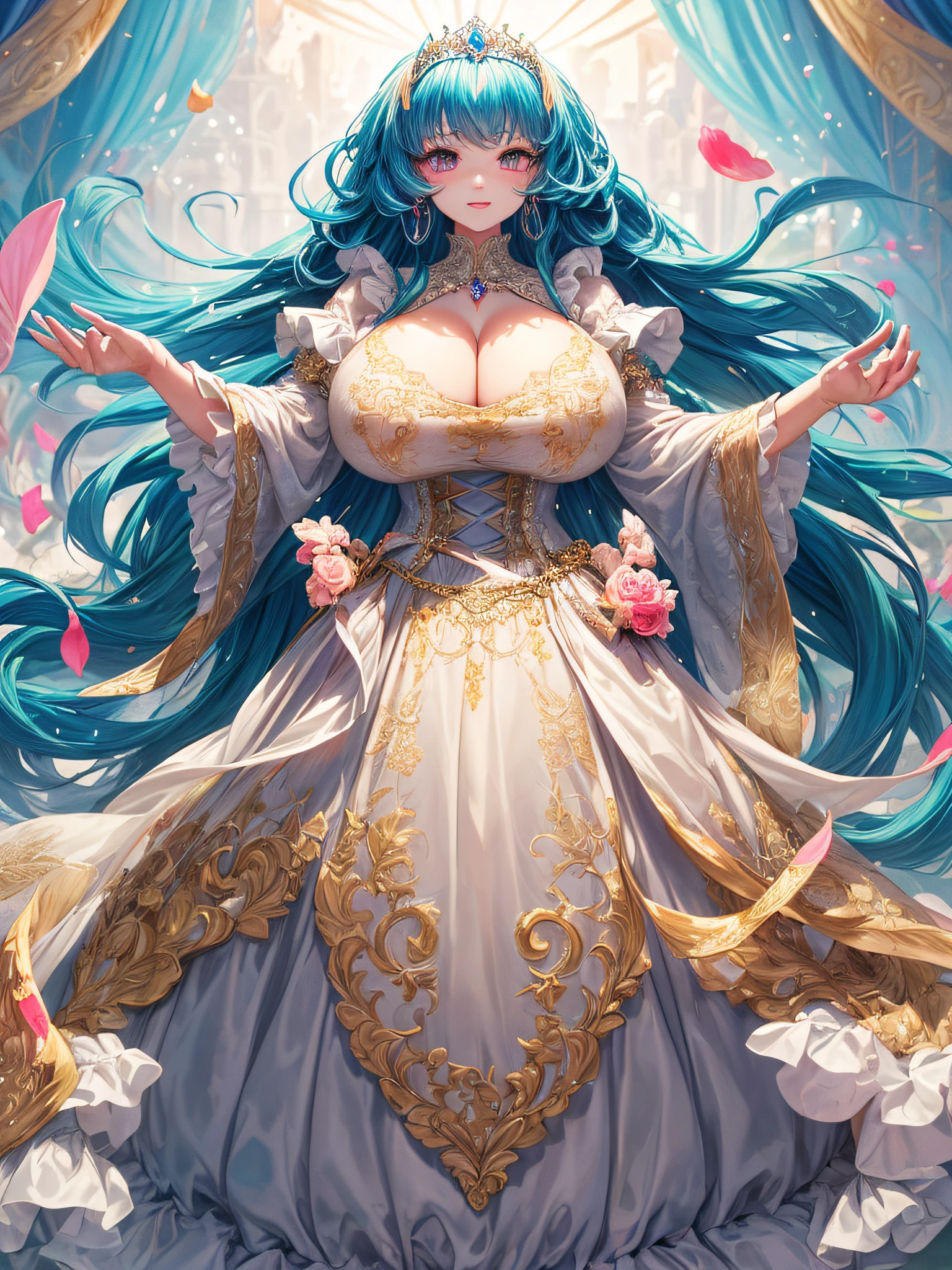 (masterpiece, best quality,extremely detailed:1.1),(moe anime art style:1.2),1girl,((full body,focus face)),((solo)), cute, kawaii,digital art,((1 gorgeous anime princess wearing beautiful embroidery and jeweled ruffled gorgeous princess ballgown with voluminous full length hoop skirt)),((crinoline)),long train,voluminous frills,(gorgeous embroidery and beautiful lace),((very gigantic boobs,skindentation)),cleavage,shiny hair,(((very long hair,large amount of straight hair))),((finely detailed face and eyes)),clear pupil,extremely gorgeousfull hair ornament,(bling-bling jeweled extremely gorgeousfull tiara),(bling-bling gorgeous gemstone jewelry),long veil,beautiful background,fantasy background,flowers,flower petals flowing,full body,((beautiful embroidery and jeweled ruffled gorgeous princess ballgown with voluminous full length hoop skirt))