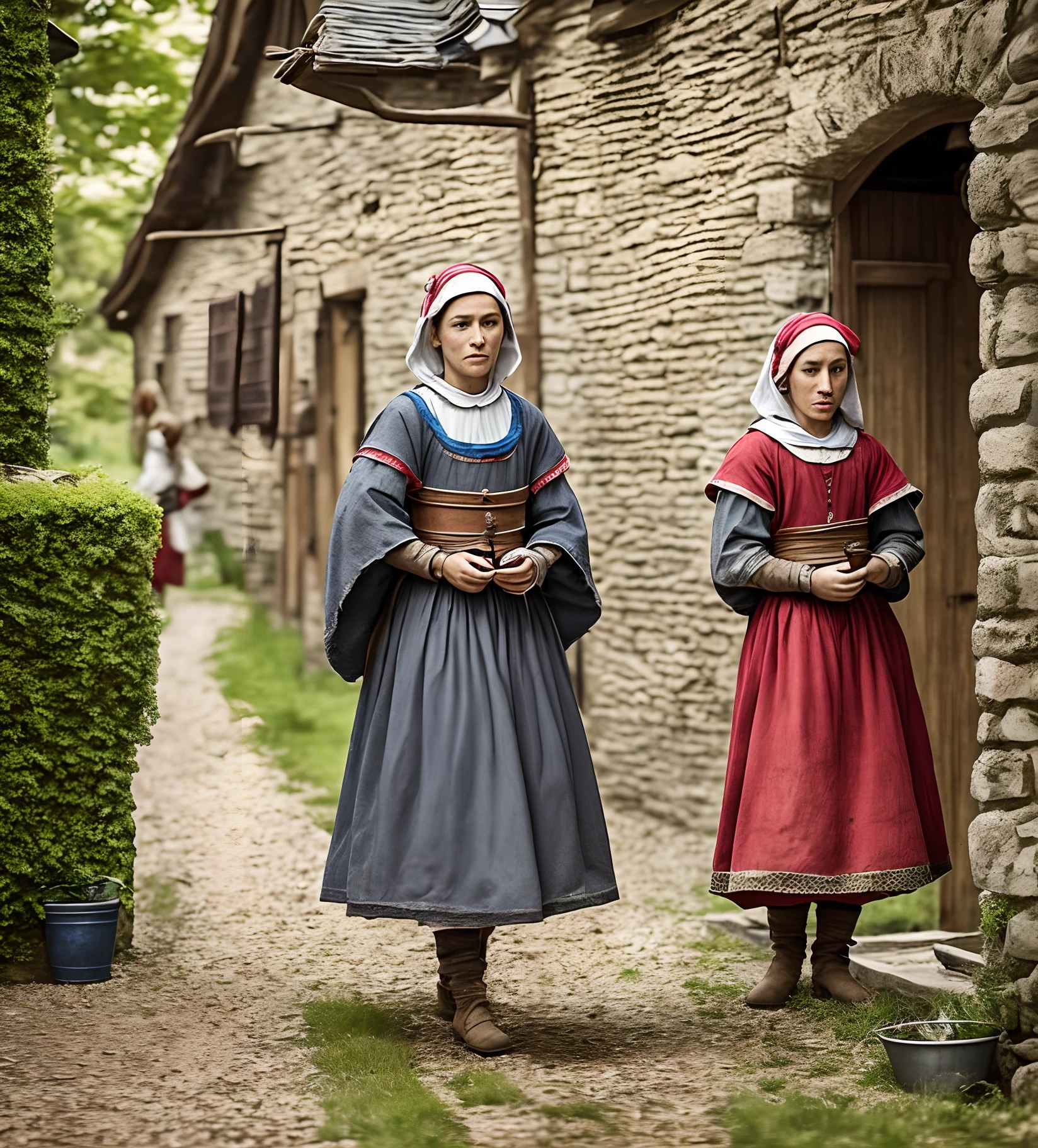 Three Peasant medieval confused young women in yard tavern, photo style --auto --s2