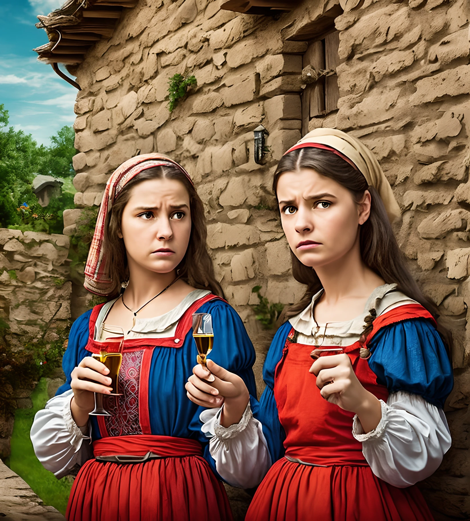 Three Peasant medieval confused young women in yard tavern, photo style --auto --s2