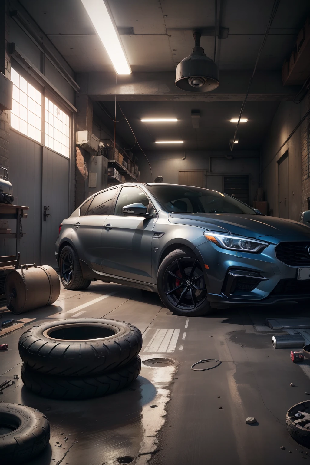 A car repair space, um reparador, tires on the ground, Wall maintenance equipment, e luzes no topo, Realistic, textura high-end, Exit characters, atmosfera noturna, efeitos realistas, High-definition details,