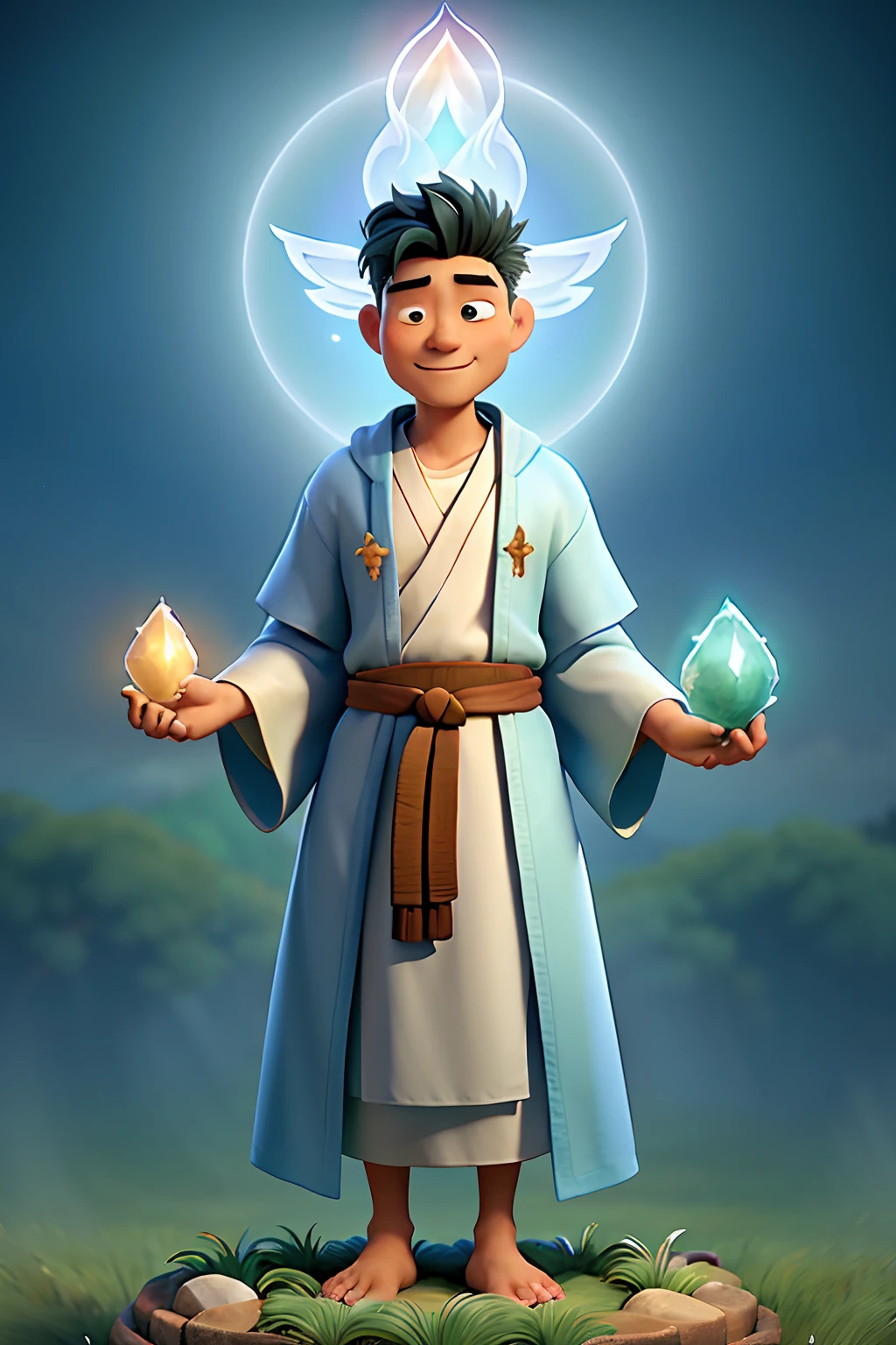 A man who is a sacred holy shaman, priest, guru, spiritual man with a halo and aura, asian man, dressed in flowing robes, summoning spiritual forces with a crystal, background is rolling hills, mood is graceful, calm, peaceful, daytime light, character design.