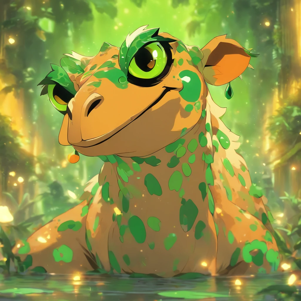 Camel that is green with dark green spots golden eyes antennae frog-like legs and green and orange bat-like wings, best quality, masterpiece
