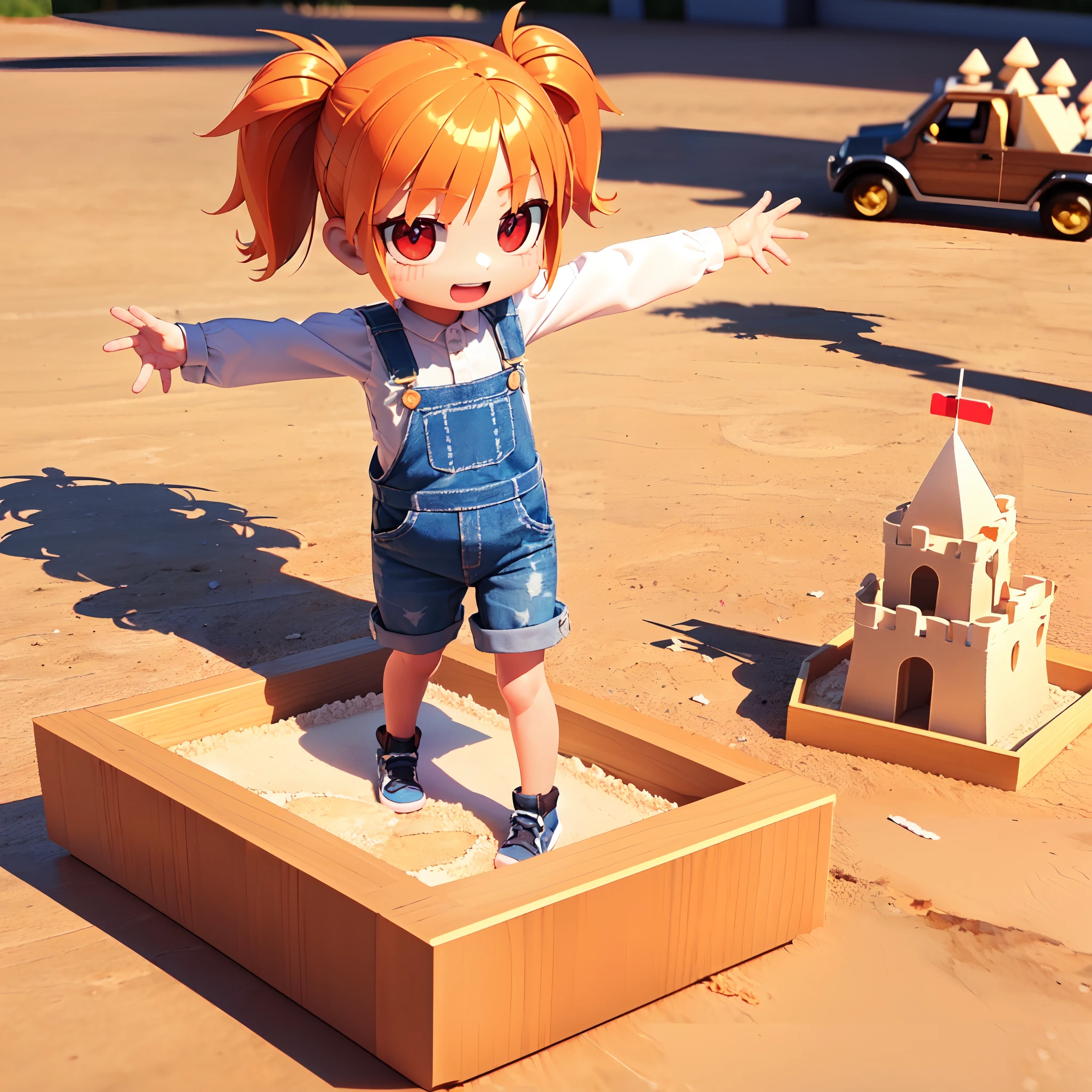 (masterpiece, best quality), ((((Soft render 3d)))), 
[:reflection:0.2], (shadow:1.0), 
(Chibi) Cute girl, Orange hair, twin tail, (drooping eyes, red eyes), Wearing a overall, joy, 
happy, solo, 
Playing in the sandbox at the park, sand castles, sandbox,
