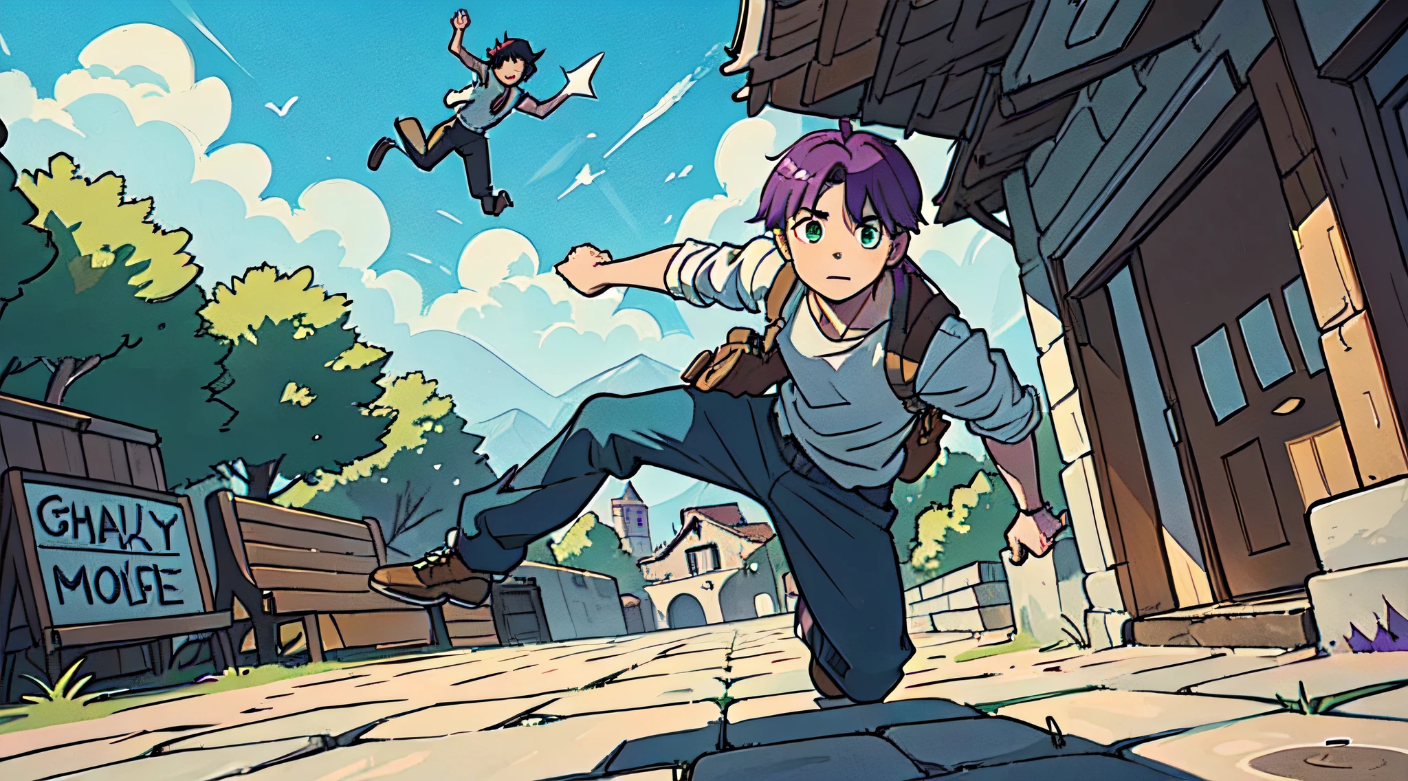 top-quality、​masterpiece、((Deformed))、Boy with short purple hair、Green eyes、Uncharted、Composition that reflects the whole body、mont、Parkour、Enemies and shootouts