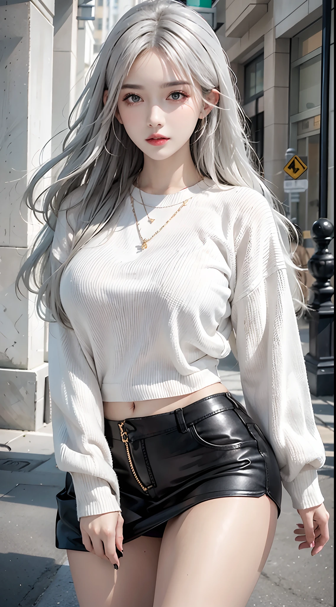 Photorealistic, high resolution, 1 woman, hips up, Beautiful eyes, Long hair, ringed eyes, jewelry, street wear, sweater, white hair