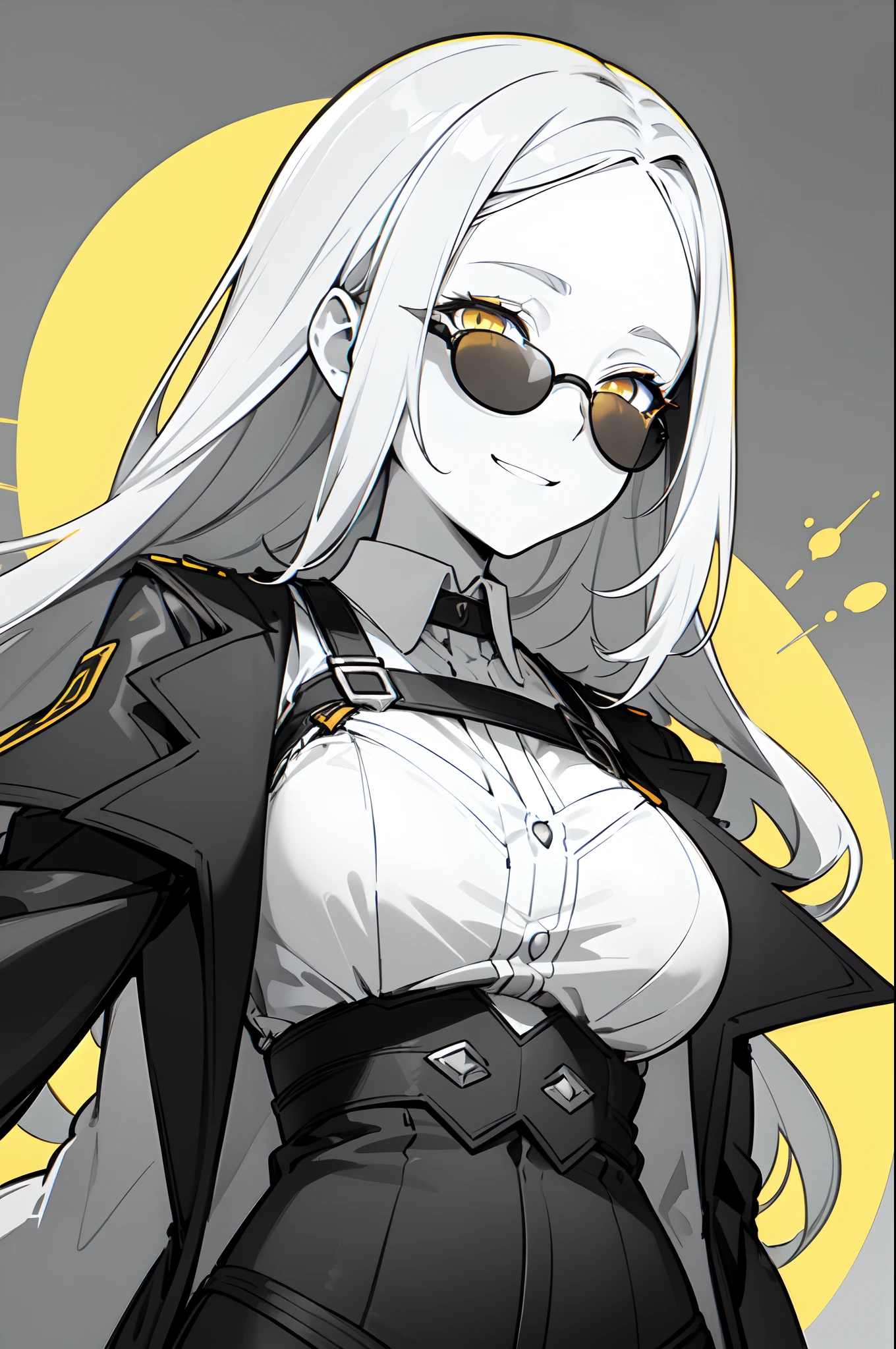 (((colored yellow eyes with greyscale background))), 1girl, woman, solo, long hair, big hair, (forehead:1.2), (round sunglasses:1.19), yellow eyes, medium breasts, devilish grin, smug face, white hair, (overcoat, black coat, open coat:1.2), white shirt, collared shirt, (chest harness, shoulder strap:1.15), black leather shorts, garter belt, gloves, ((from below)), elegant, looking at viewer, standing, chromatic aberration, (close-up to face:1.2), face only masterpiece, best quality, 4k