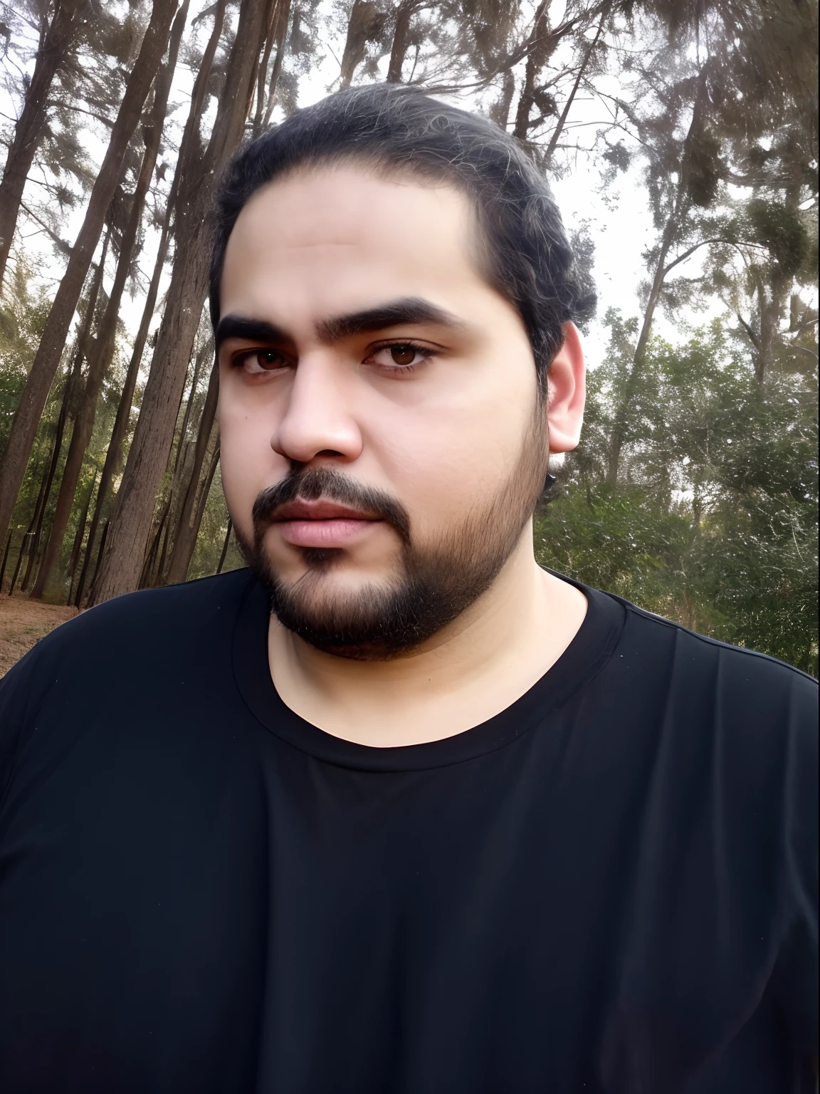 there is a man with a beard and a black shirt on, em frente a um fundo de floresta, david rios ferreira, neckbeard, andres rios, com barba e camisa preta, imagem de qualidade muito baixa, olhos pesados para o lado, andrea rocha, trees in the background, Alexandros Pyromallis, Directed by: Nandor Soldier