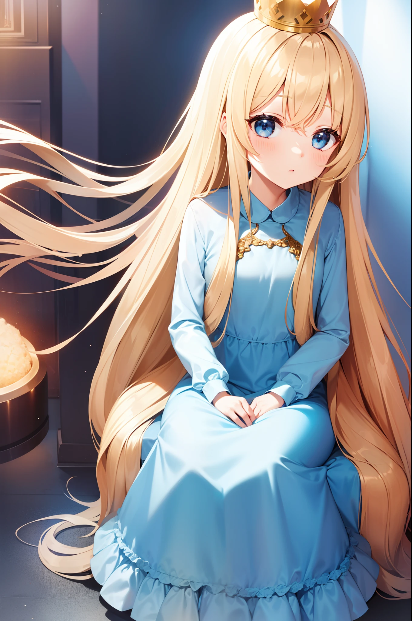 cute girl, sit in throne, best quality, blonde hair, long straight hair, wearing crown, theres halo on head, wearing blue dress