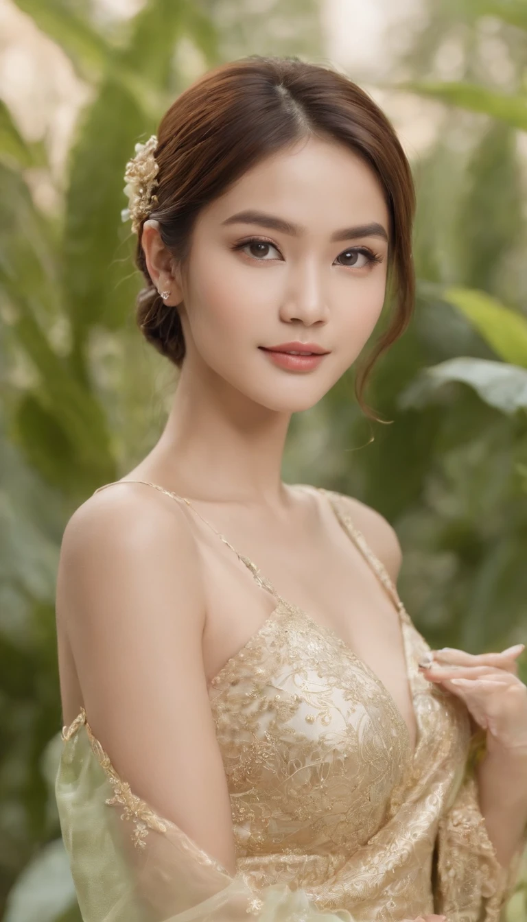 myth,argent,kebaya,gold,Scroll,batik,sleeveless, treasure,universe, face the camera, smile, 19 year old girl, cute girl, beautiful girl, indonesian model, white healthy skin, delicate eyes, tied-up hair, ethnic earrings, gold tiara, full body photo, realistic hands, realistic fingers natural hands, natural fingers, (sexy body:1.2), (slim waist:1.2), product photo shoot, holding a tiny green tube beauty serum.