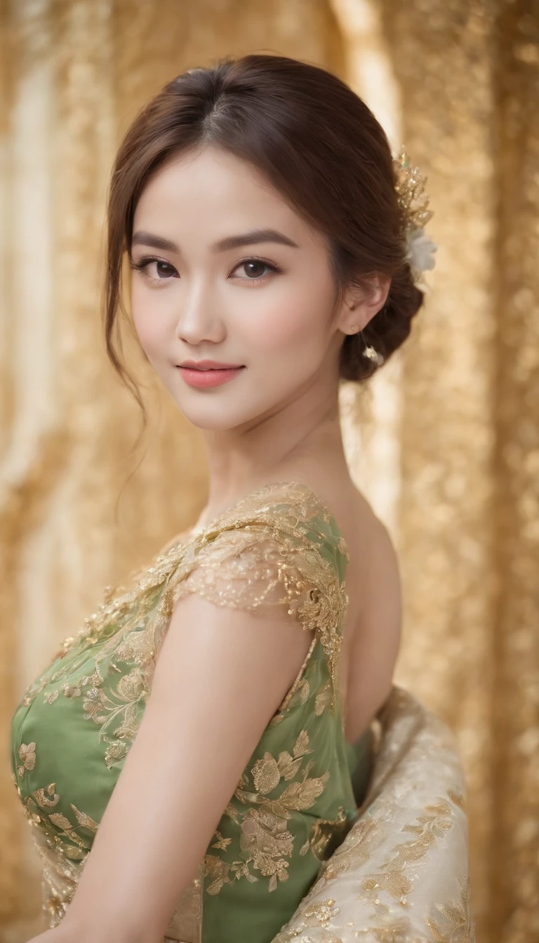 myth,argent,kebaya,gold,Scroll,batik,sleeveless, treasure,universe, face the camera, smile, 19 year old girl, cute girl, beautiful girl, indonesian model, white healthy skin, delicate eyes, tied-up hair, ethnic earrings, gold tiara, full body photo, realistic hands, realistic fingers natural hands, natural fingers, (sexy body:1.2), (slim waist:1.2), product photo shoot, holding a tiny green tube beauty serum.