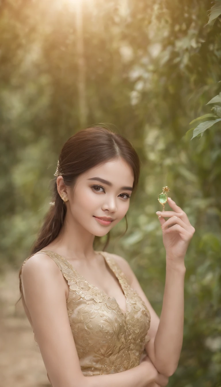 myth,argent,kebaya,gold,Scroll,batik,sleeveless, treasure,universe, face the camera, smile, 19 year old girl, cute girl, beautiful girl, indonesian model, white healthy skin, delicate eyes, tied-up hair, ethnic earrings, gold tiara, full body photo, realistic hands, realistic fingers natural hands, natural fingers, (sexy body:1.2), (slim waist:1.2), product photo shoot, holding a tiny green tube beauty serum.