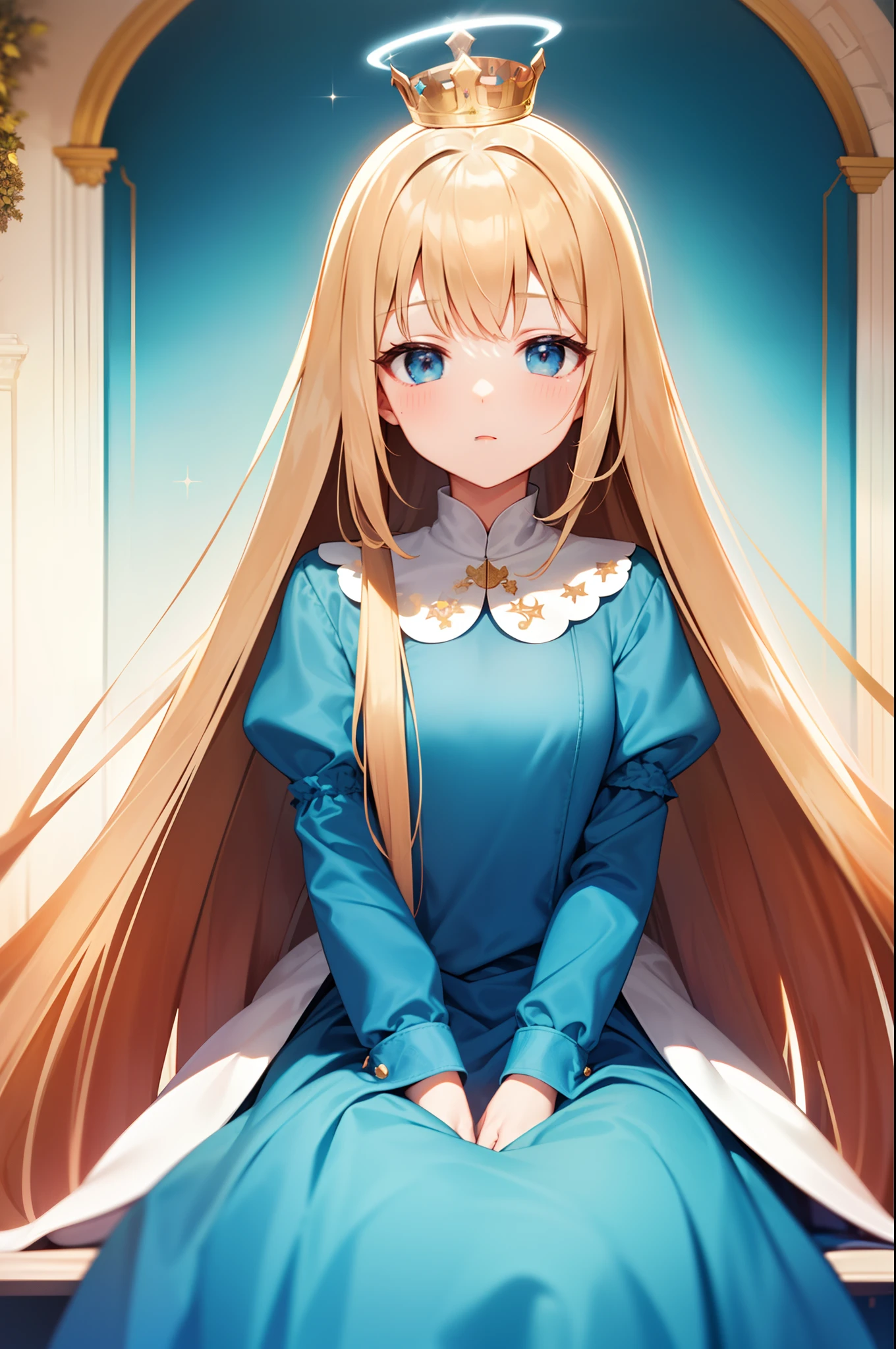 cute girl, sit in throne, best quality, blonde hair, long straight hair, wearing crown, theres halo on head, wearing blue dress
