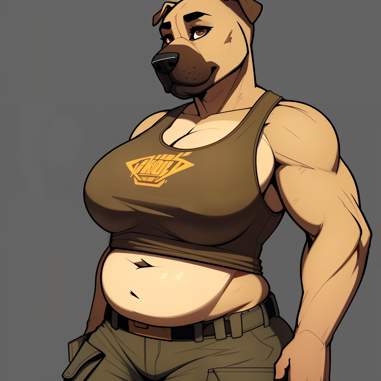 Chubby_muscular_mastiff female khaki_furry_body brown_eyes solo Masterpiece best_quality absurdres highly_detailed cleanly_drawn_eyes anthro_only by_claweddrip, by_greasymojo, by_underscore-b, by_runawaystride