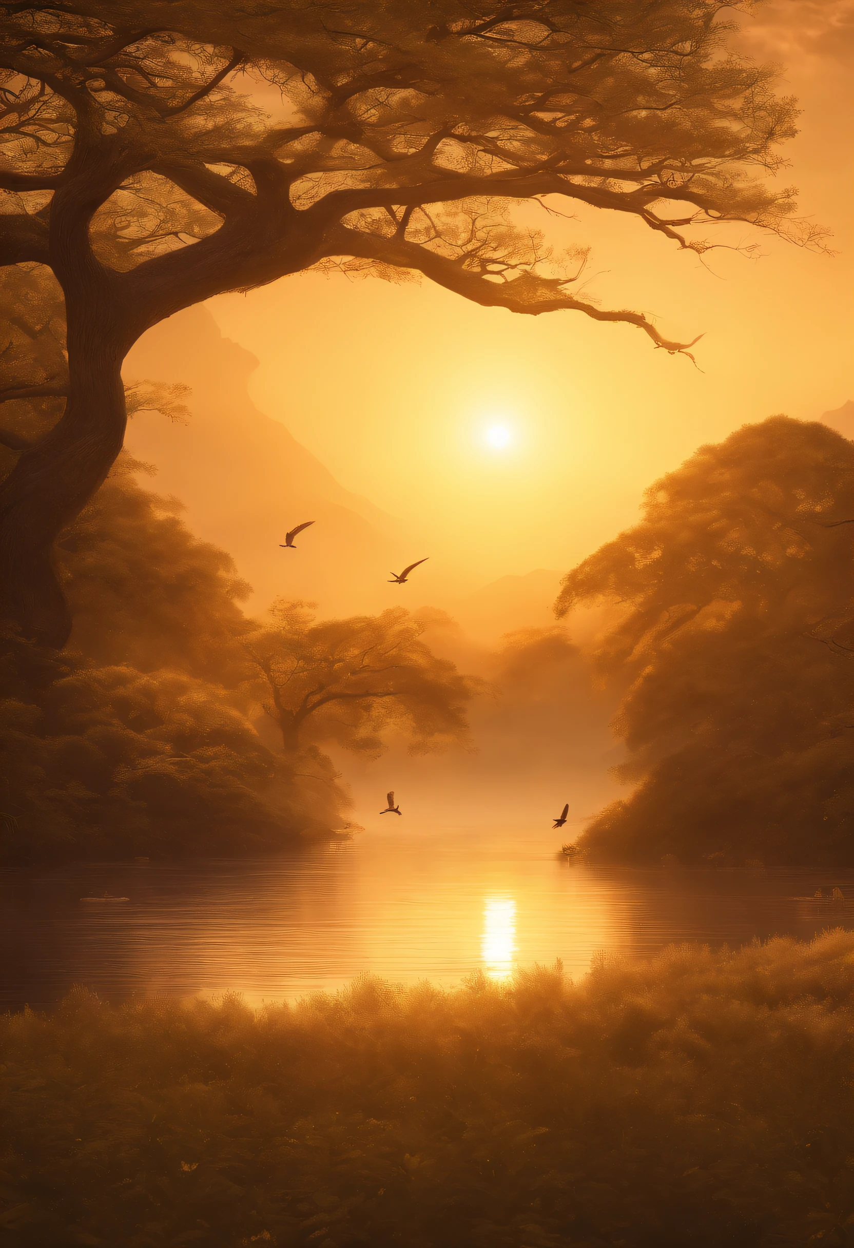 Peaceful scenery at dawn, Soft gold tones depict the horizon where birds sing, Onohana,A towering tree,Image in 2560 x 1440 pixel format