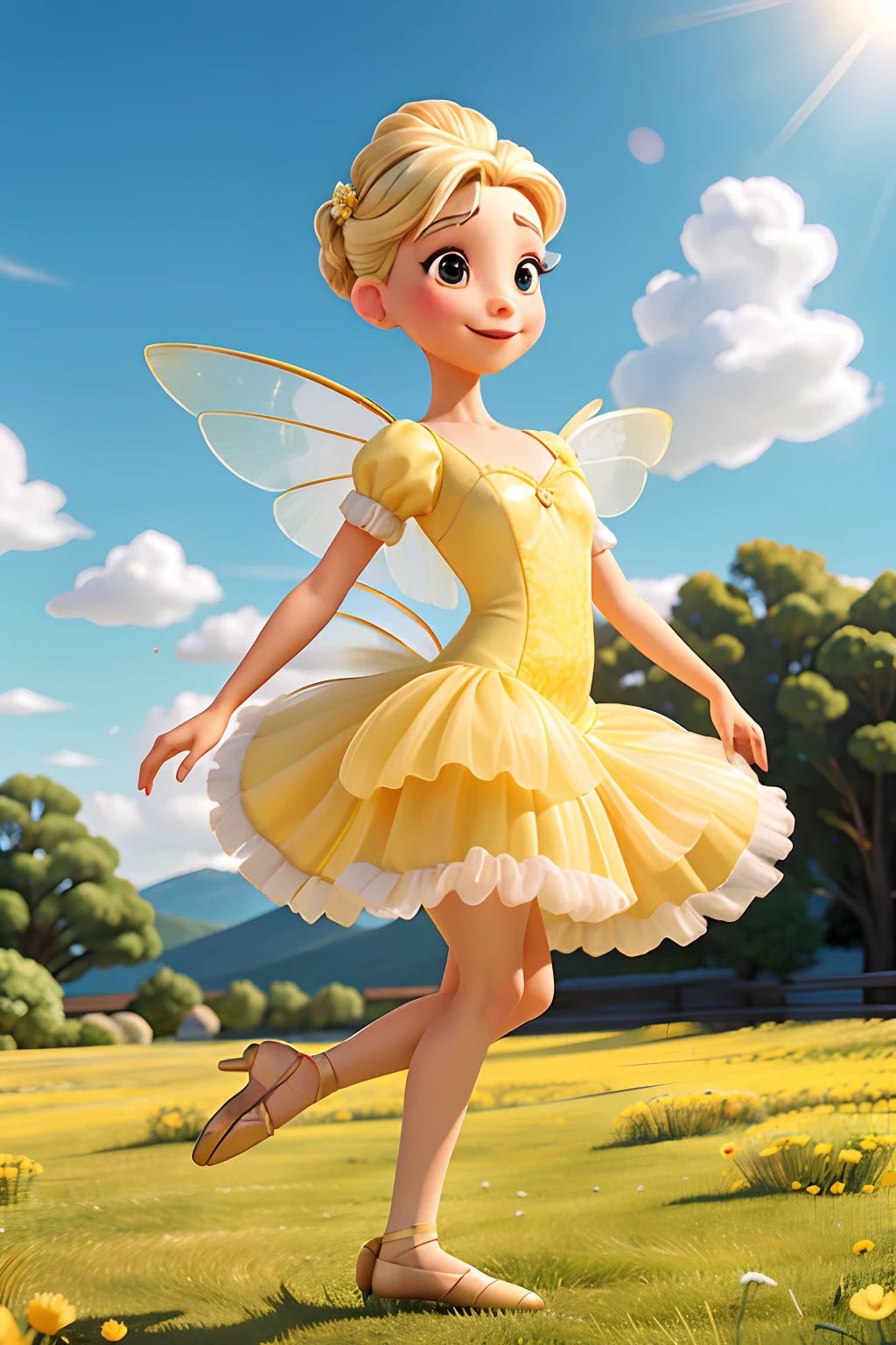 A woman who is a ballet dancer, wearing a yellow pleated dress and fairy wings, sprinkling fairy dust, background is an open field with clear skies and clouds, mood is enthusiasm, radiation, liberation, daytime light, character design.