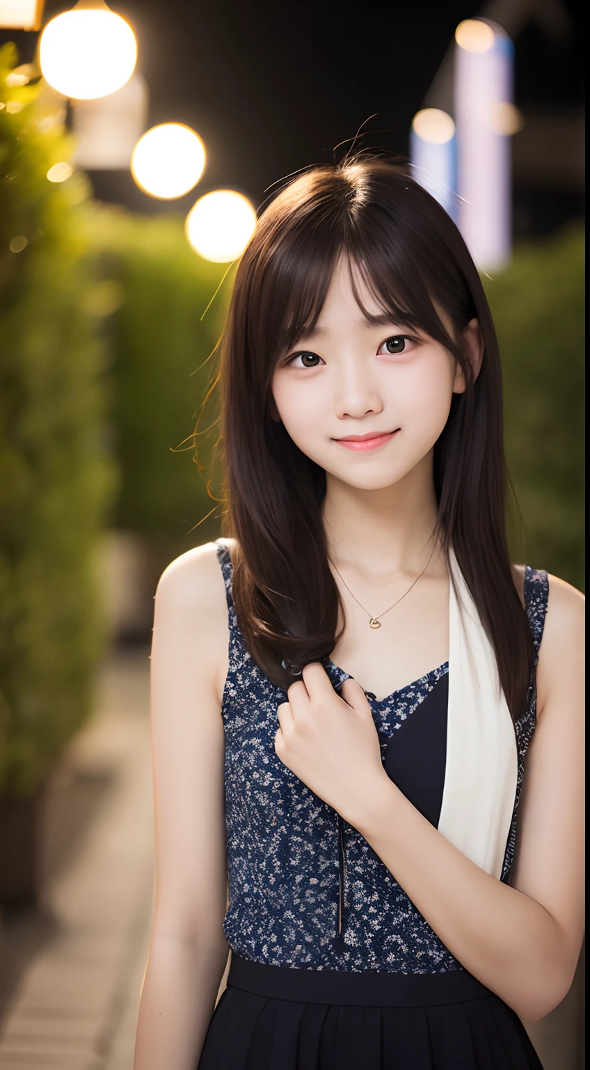 Best-quality, Masterpiece, Ultra-High-Resolution, (Photorealistic:1.4), Raw-Photo, extremely-details, perfect-anatomy, depth of field, professional-lighting, 

1girl, the most famous Japanese idol, 
the most cute face, ((the most cute and thd most big black-eyes)), the most cute hairstyle, 
the most beautiful hair, the most beautiful skins, the most cute long-eyelashes, the most cute lips, 

leaning forward, innocent smile, looking at viewer, 

wearing casual dress with cute patterned
