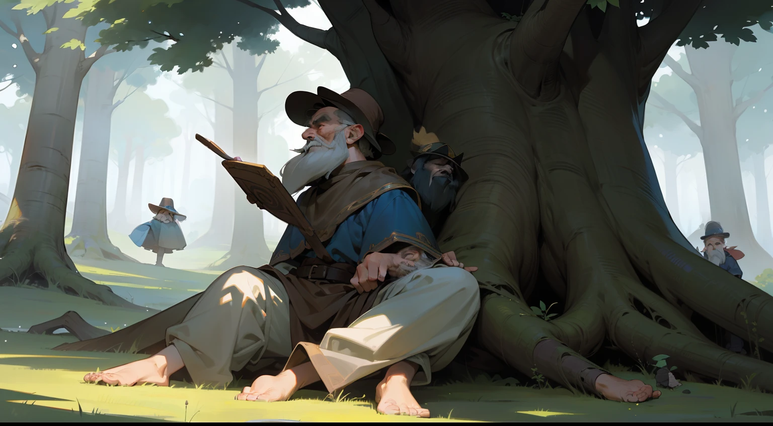 A dwarf,short,lbeard,With a hat,Skinny and small,Little old man,Stand under a tree,head looking up,The tree is losing its leaves,at a forest,Western fantasy,Fairytales,Works of masters,A high resolution,Exquisite facial features