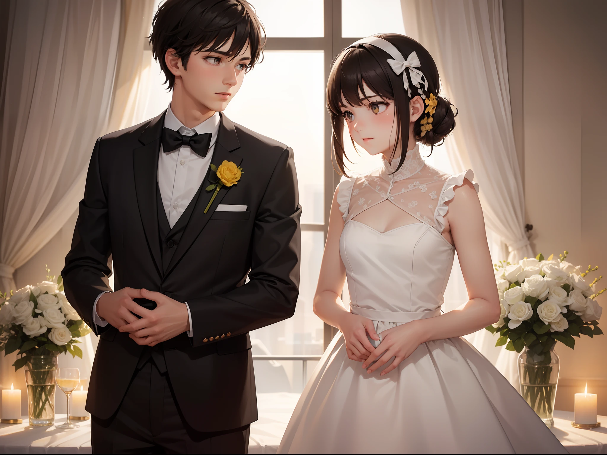 A boy and a girl stand against the background of a polka dot background. The boy is dressed in a tie, And a girl in a polka dot dress. They both have yellow eyes and a slight blush on their cheeks. The boy has a bow tie, And the girl has a bow in her hair. Overall image quality of the best quality, with ultra-detailed elements and realism, photo realistic style. The colors are vibrant, And the lighting is soft, creating a warm and inviting ambience.