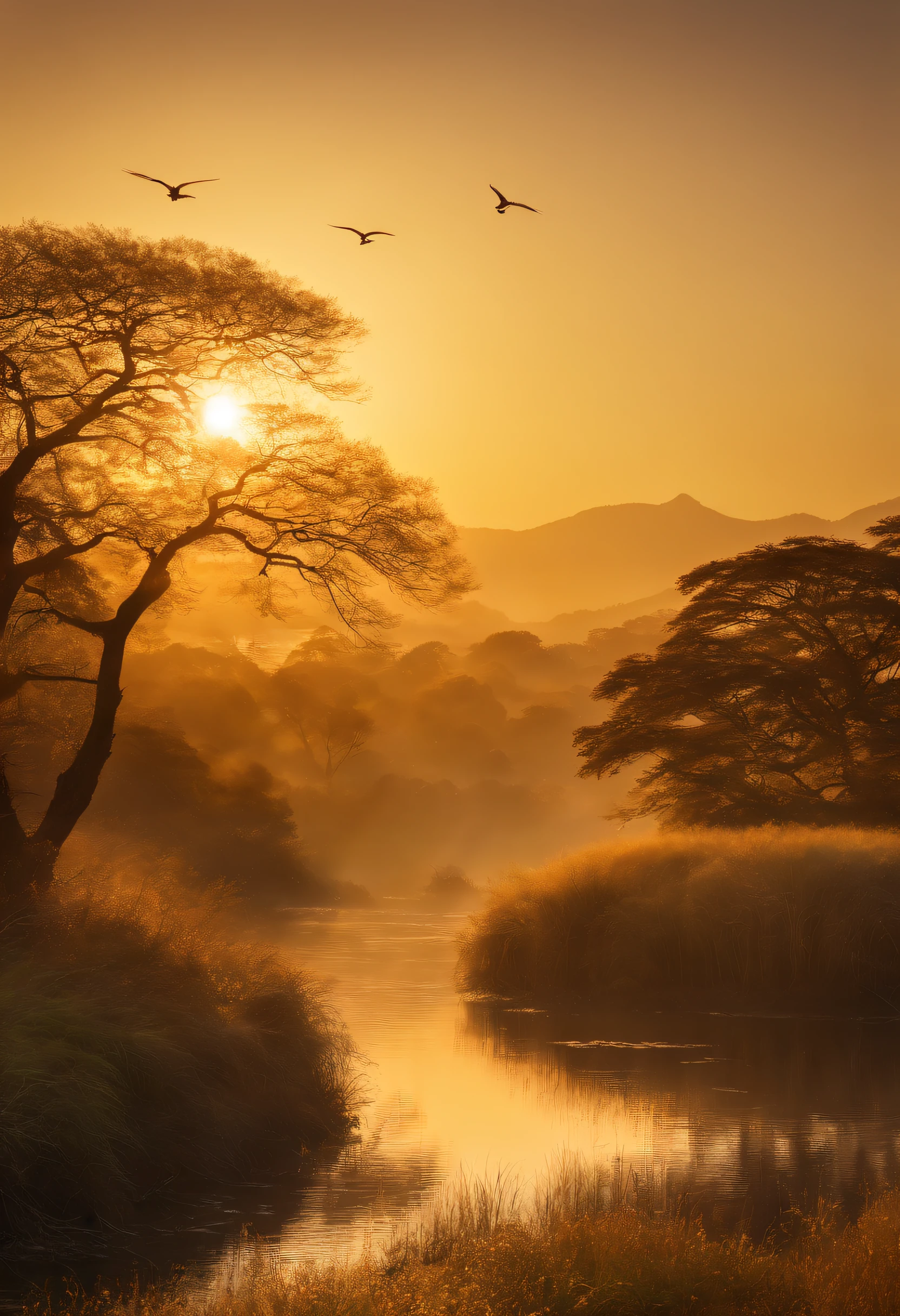 Peaceful scenery at dawn, Soft gold tones depict the horizon where birds sing, Onohana,A towering tree,Image in 2560 x 1440 pixel format