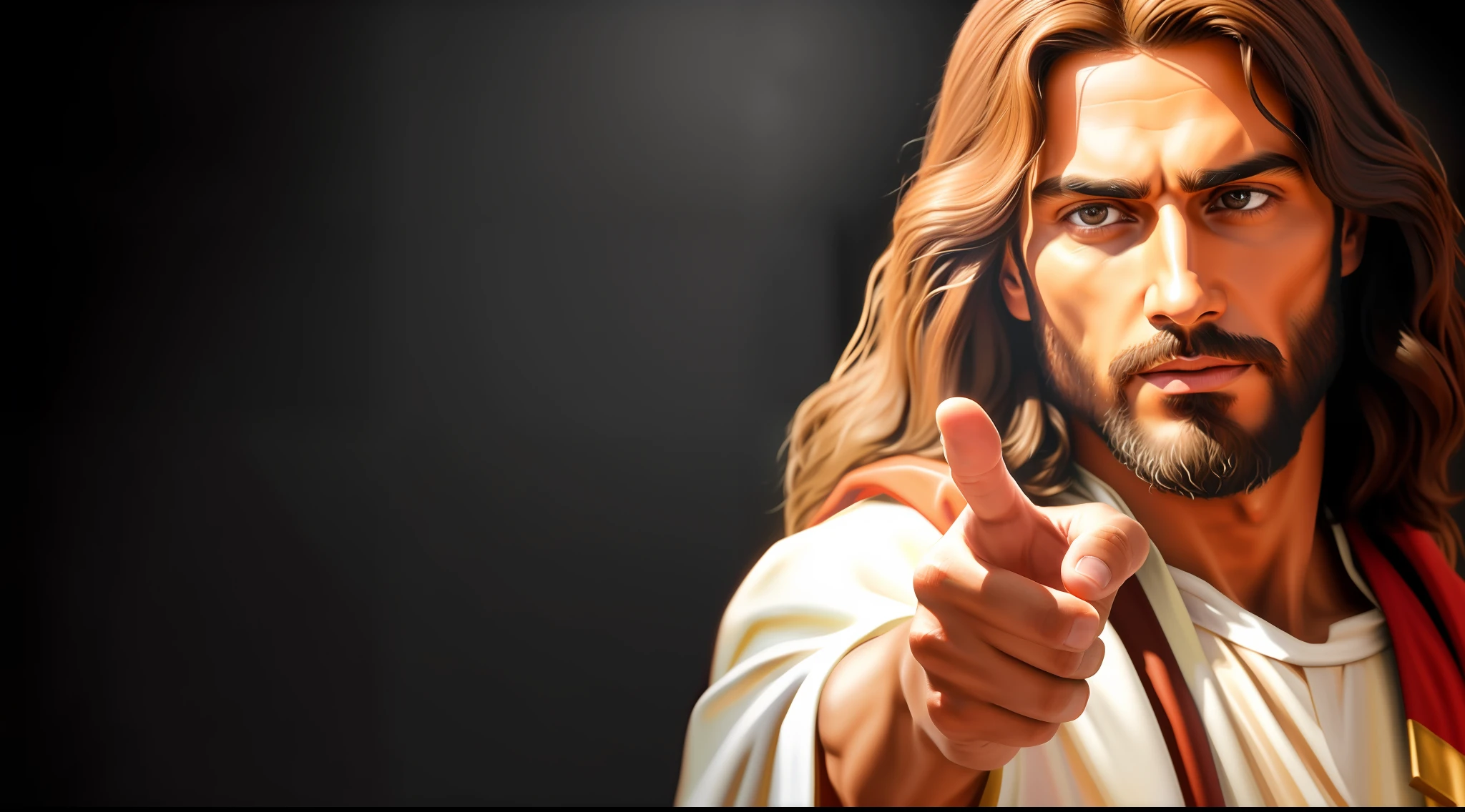 Jesus pointing at you with his finger up, Jesus Cristo, Jesus, jesus of nazareth, rosto de Jesus, pointing to heaven, Jovem Deus Todo-Poderoso, sem palavras 4 k, O Senhor e Salvador, Awesome, Retrato de Jesus Cristo, Dedo de Deus, pintado digitalmente, Jesus Cristo Fumando um Blunt, Jesus Gigachad, Nicodemos, Arte 4K, Maximum realism, max quality, ultrarrealismo, ultrarrealista, image with maximum detail, detalhes reais, maximum detail in the Face of Jesus Christ, realismo completo