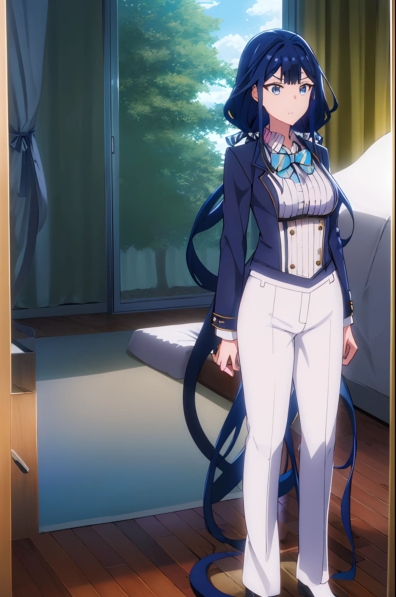 巨作, Best Quality,highres,da,twintails,white pants ,long hair,1girl, 独奏, Butler tail coat ,blue hair, eyes blue,Tail coat,striped,tight pants ,black shirt ,school,, blue, looking at the scenes,Badass Butler
