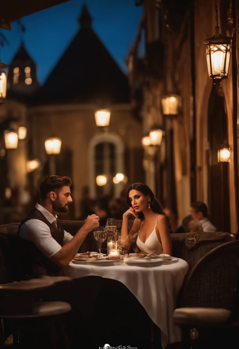 In this scenario, a woman appears with captivating eyes and a low-cut jumpsuit. The setting is in a cozy restaurant, possibly for a romantic dinner. This scene might depict a thrilling date, filled with anticipation and passion, or just a charming moment that captures people's attention. The restaurant's ambiance may be romantic, immersing everyone in a love-filled atmosphere. The entire scene is full of mystery and allure, leaving people eager for further developments.