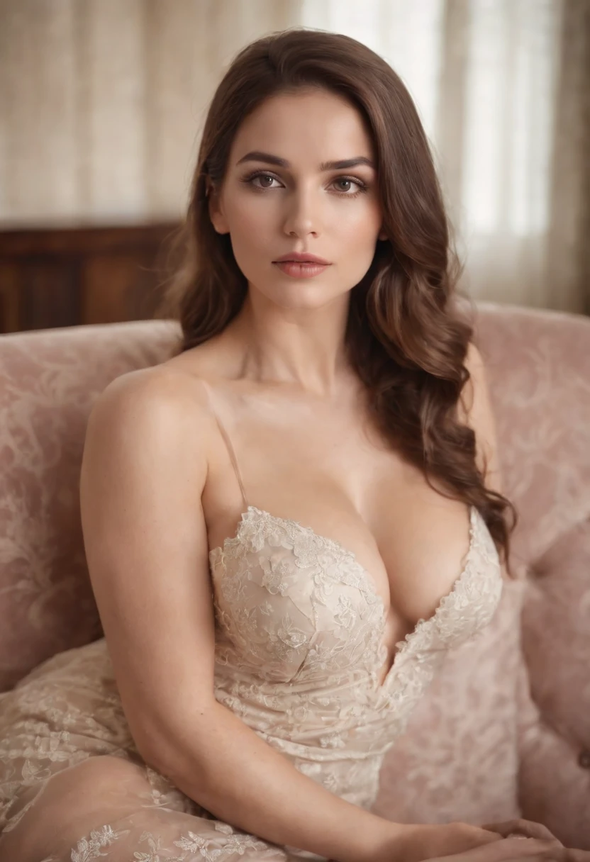 Beautiful nude woman with big breasts on vintage sofa