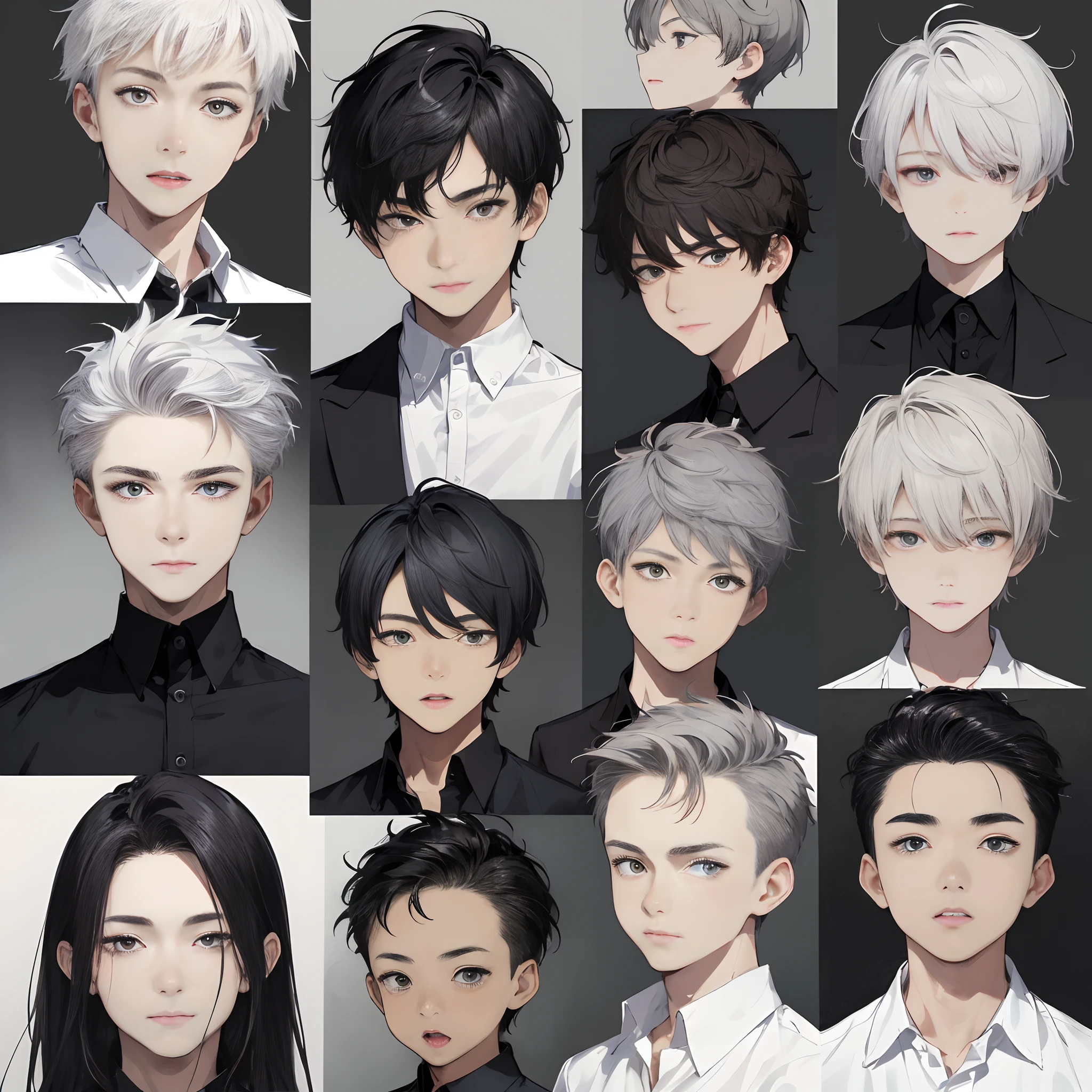 (masterpiece、top-quality、hightquality)Male ,Face Overview,a 15 yeHairstyles for gray hair、white shirt,(appearance々Facial expressions),Multiple Poses and Expression,,Black strokes,various emotions,rough sketch,Setting image、in 8K
