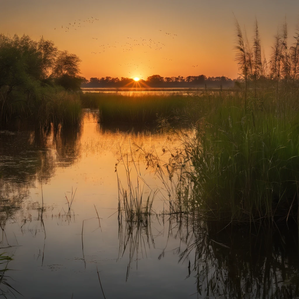 Tranquil reed wetland scenery at sunrise at dawn，Soft gold tones depict the horizon of water and sky，Glowing fireflies，IMAGE IN 2560X1440 PIXEL FORMAT