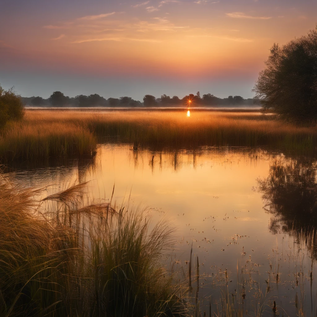 Tranquil reed wetland scenery at sunrise at dawn,Soft gold tones depict the horizon of water and sky,Glowing fireflies,IMAGE IN 2560X1440 PIXEL FORMAT
