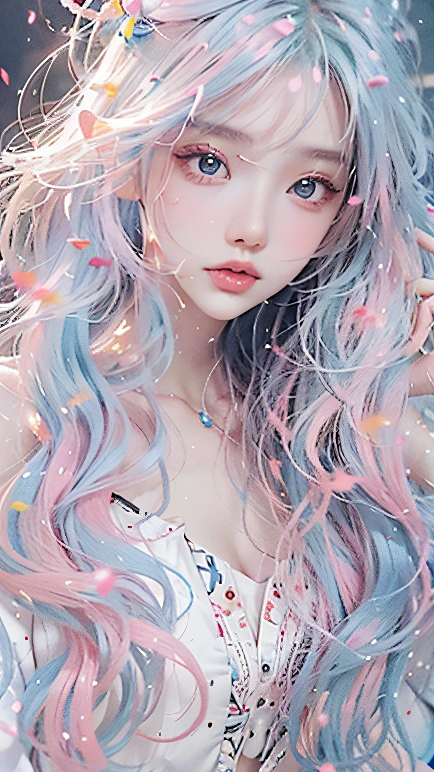 （tmasterpiece、best qualtiy、A high resolution），white backgrounid，Acrylic paints，（（splash of color，Splash ink、Color splattering）），1 Sweet Asian girl，light blue long hair，[light blues|Pink big breasts]the hair，curlies，White skin，famousartwork，s the perfect face，beauitful face，beautidful eyes，（（Perfect female body））glitters，Pink lips，White color blouse，frontage，The upper part of the body