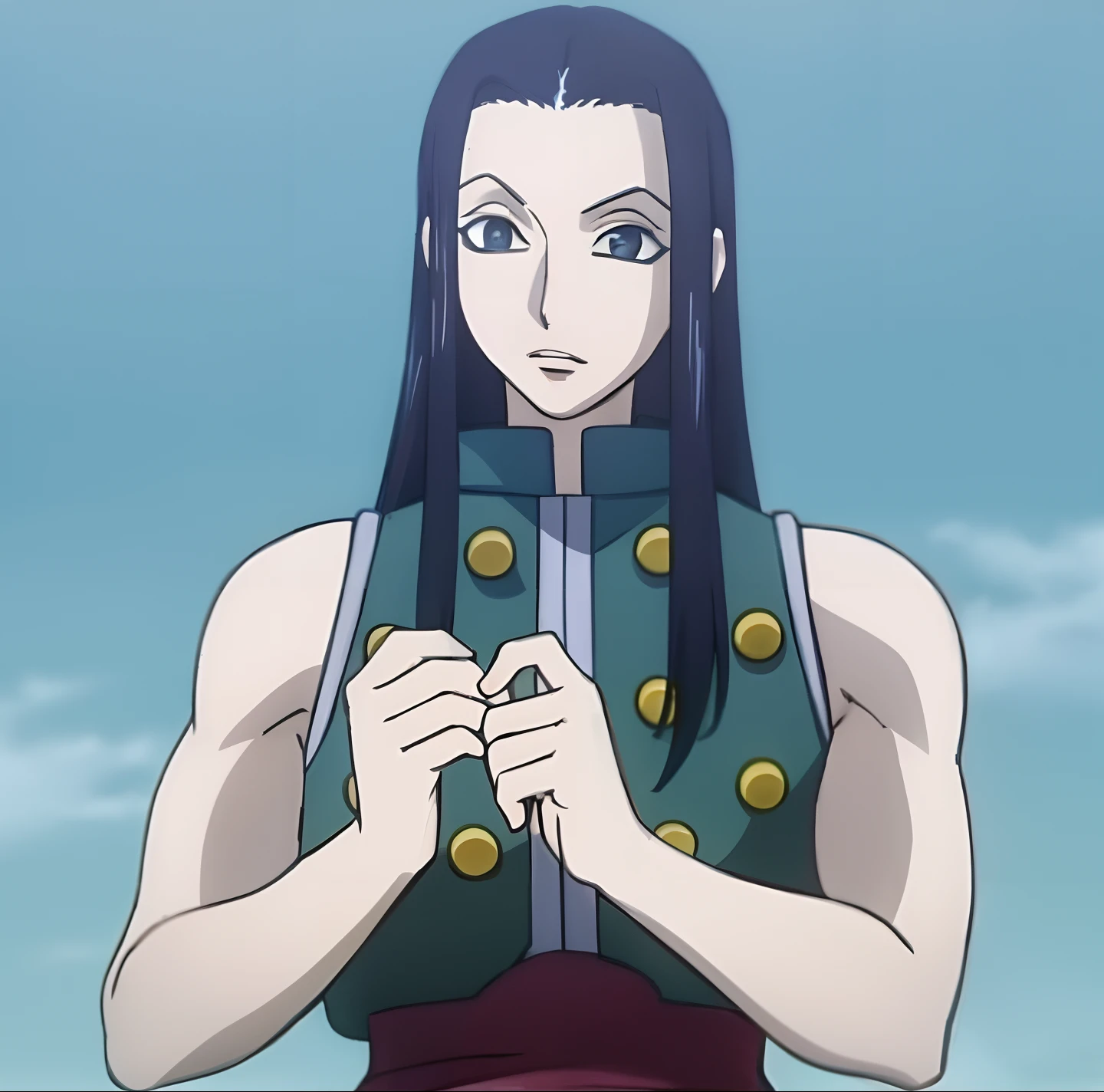 um close up de uma pessoa com cabelos longos e um colete, Retrato de Hisoka Hunter Hunter, Shikanosuke Yagaki, como um personagem de anime, imagem de anime shuushuu, Katsura Masakazu, Tsukasa Dokite, Katsura Masakazu, Furio Tetesschi, Posando de personagem JoJo, Akiyuki Shinbou