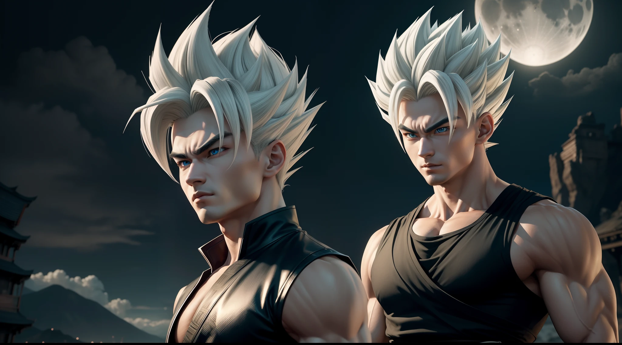 Dragon Ball Z, Short, messy white hair, Glow effect, Surreal, Ultra-realistic photos, Style インク chinoise noir et blanc,4K,Hola,high quality, The clothes are torn、Eyes are glowing、Orange clothes、It is releasing energy、Young man、Glaring