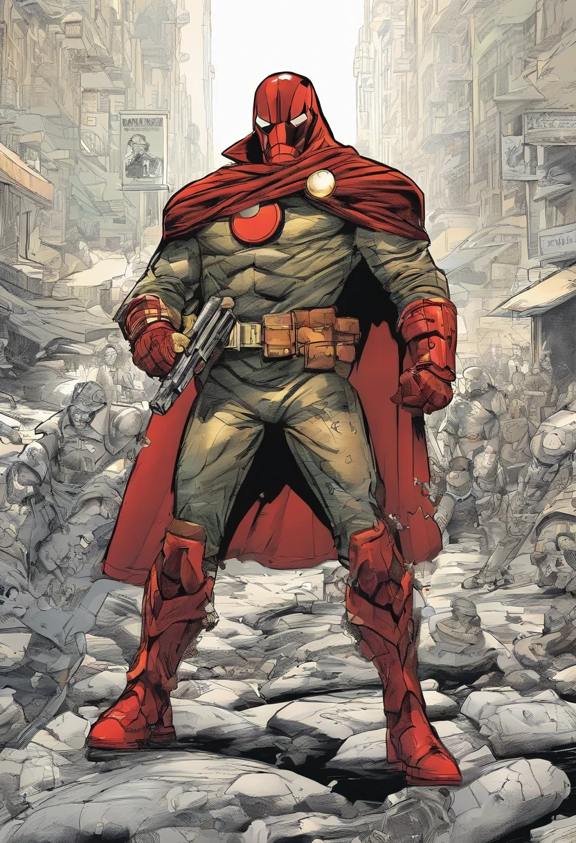 A highly detailed image of a superhero Portuguese dressed in a dark red and dark green armor suit, com uma capa preta e capuz cobrindo seu rosto. Ele tem um escudo no peito, com as quinas e castelos de Portugal. He's on top of a red motorcycle, Lisboa, at night, surrounded by criminals and villains