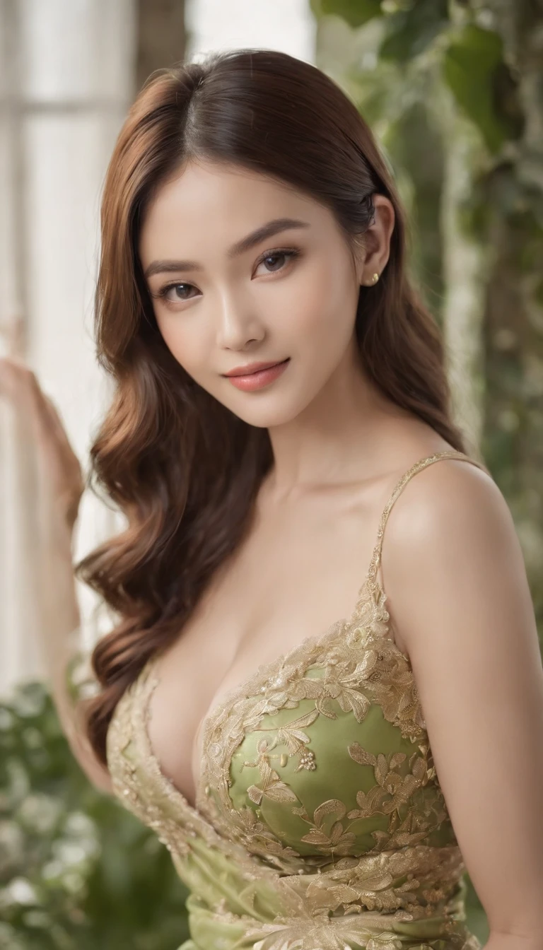 myth,argent,kebaya,gold,Scroll,batik,sleeveless, treasure,universe, face the camera, smile, 19 year old girl, cute girl, beautiful girl, indonesian model, white healthy skin, delicate eyes, tied-up hair, ethnic earrings, gold tiara, full body photo, realistic hands, realistic fingers natural hands, natural fingers, (sexy body:1.2), (slim waist:1.2), medium breasts, (cleavage exposed: 1.2), product photo shoot, holding a tiny green tube beauty serum.