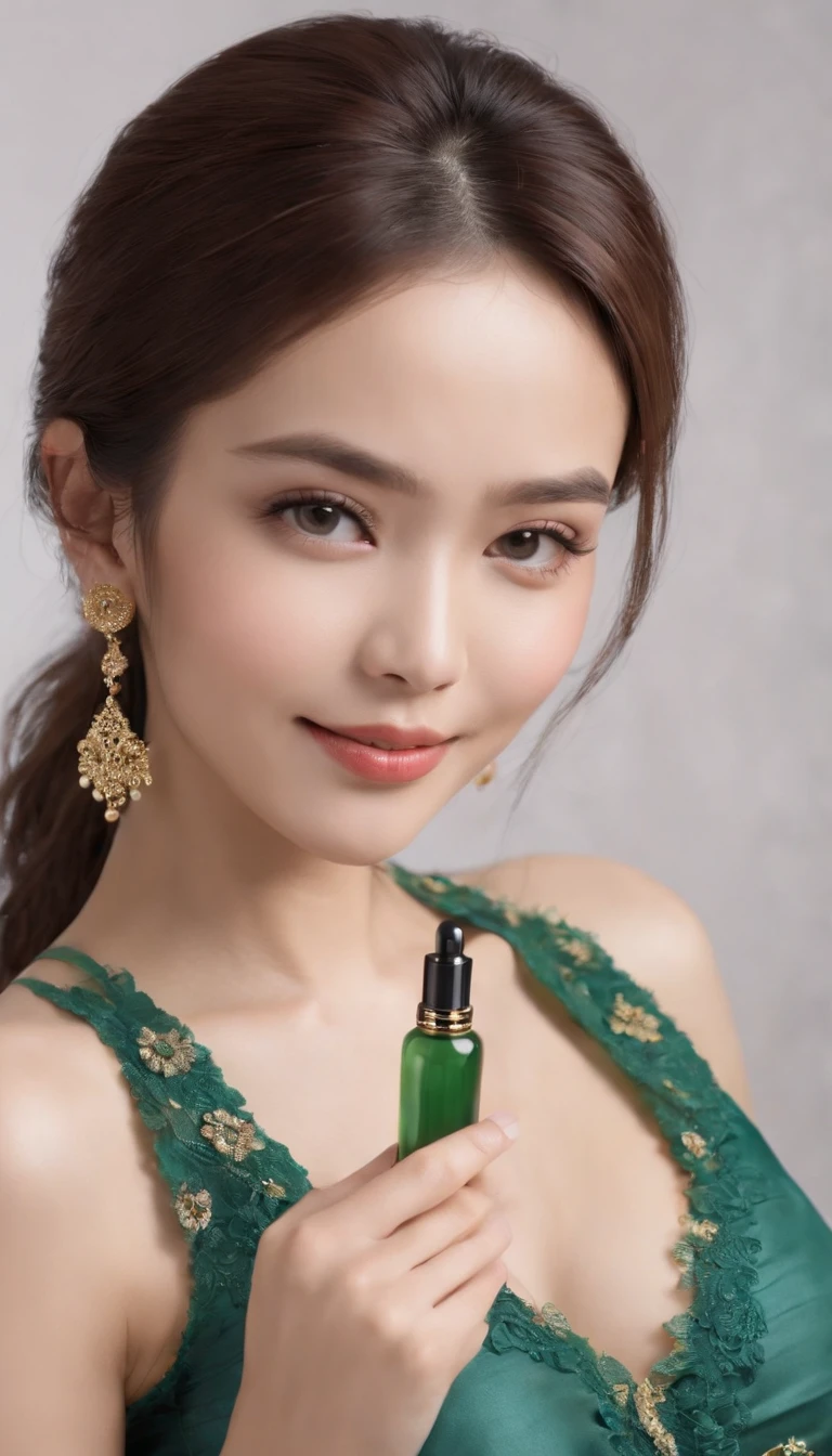 myth,argent,kebaya,gold,Scroll,batik,sleeveless, treasure,universe, face the camera, smile, 19 year old girl, cute girl, beautiful girl, indonesian model, white healthy skin, delicate eyes, tied-up hair, ethnic earrings, gold tiara, full body photo, realistic hands, realistic fingers natural hands, natural fingers, (sexy body:1.2), (slim waist:1.2), medium breasts, (cleavage exposed: 1.2), product photo shoot, holding a tiny green tube beauty serum.
