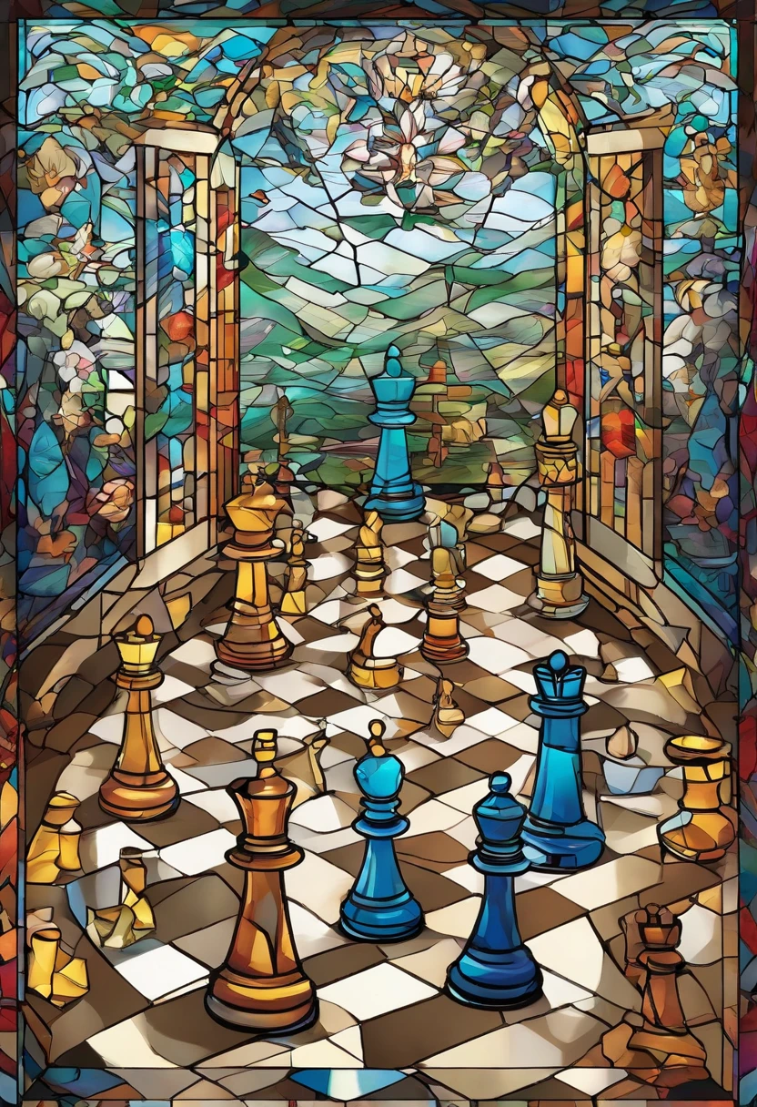 chess game in they syle off isometric anime, sharp/prickly, on white background