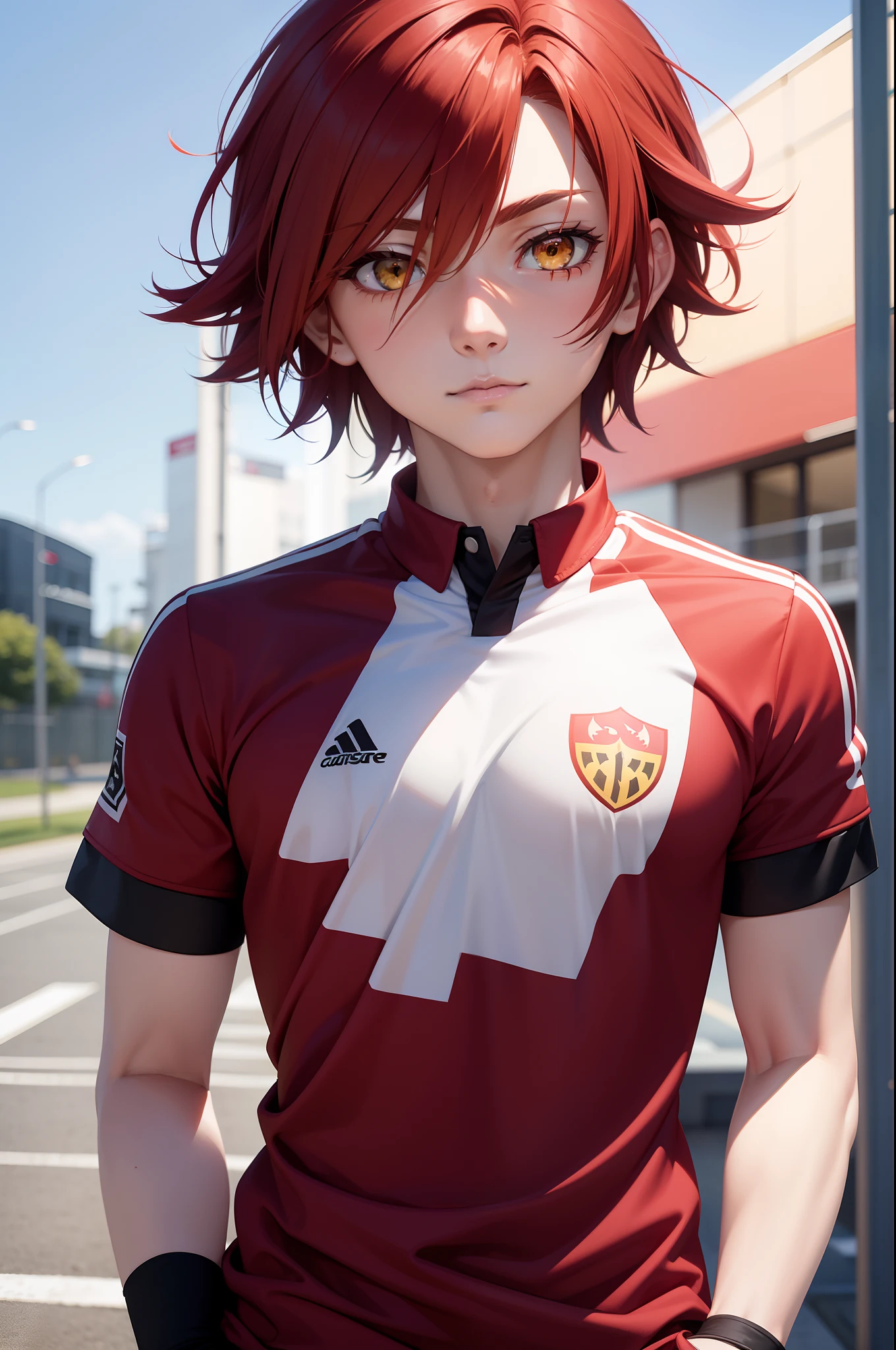 red-haired hair, anime boy soccer uniform, yellow eyes