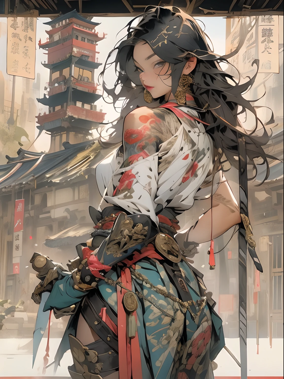 (((woman))), (((best qualityer))), (((tmasterpiece))), (((AS-Adult))), ((( Japanese ))), Look up from your knees, A beautiful asian samurai woman with perfect body, Modern samurai, ((( Asian))), Wear gloves on your hands,The left arm is made of steel and metal tips,Made of protective devices, The eyes are pulled, (( Appears below the breast )), (( Small dental floss )), Simon Bisley, Almost naked(Simon Bisley)Castle City Wilderness,For high-resolution posters, hair straight, Minimum clothing, armure (Crazy clothes ), Full of tips and rivets, tribal tattoos, (((full bodyesbian))), Straight brunette hair,Colored hair ends